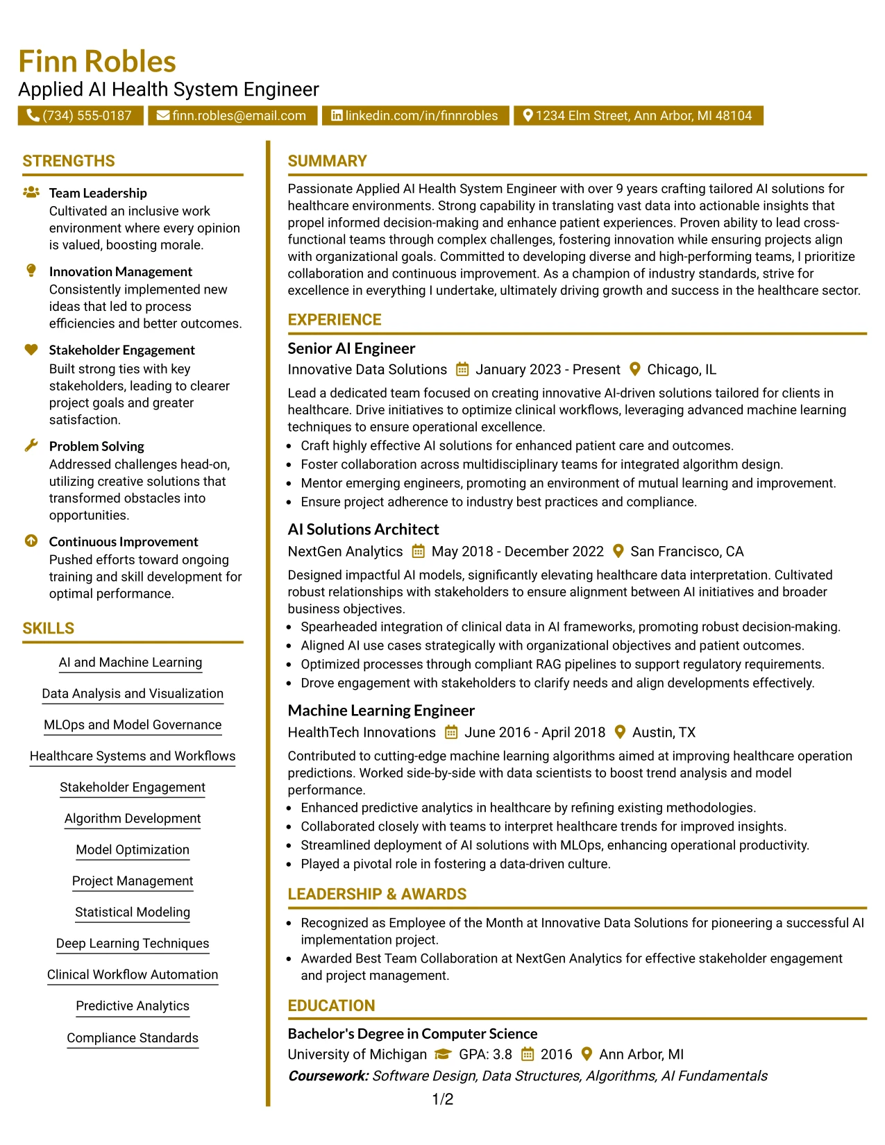 Resume Example Page 1