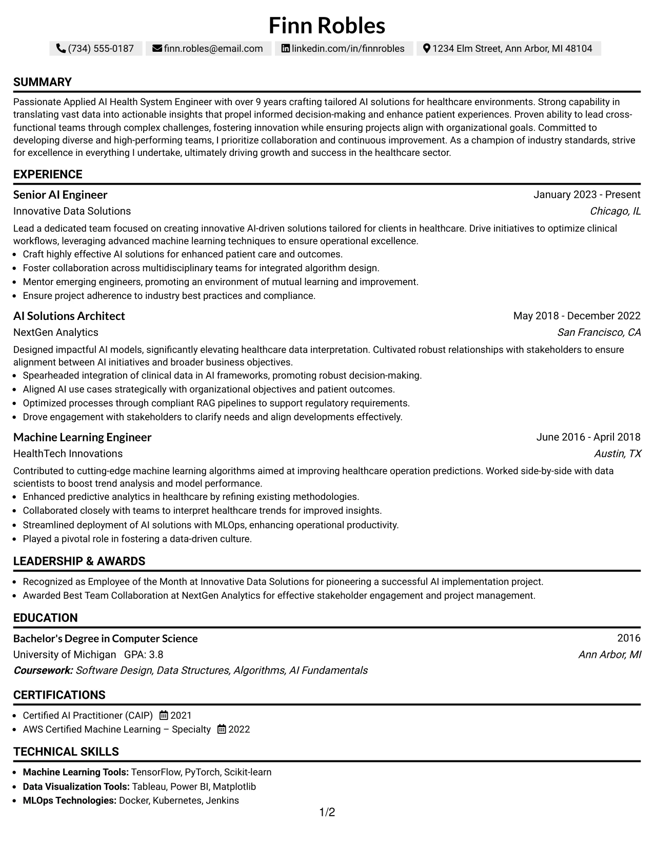Resume Example Page 1
