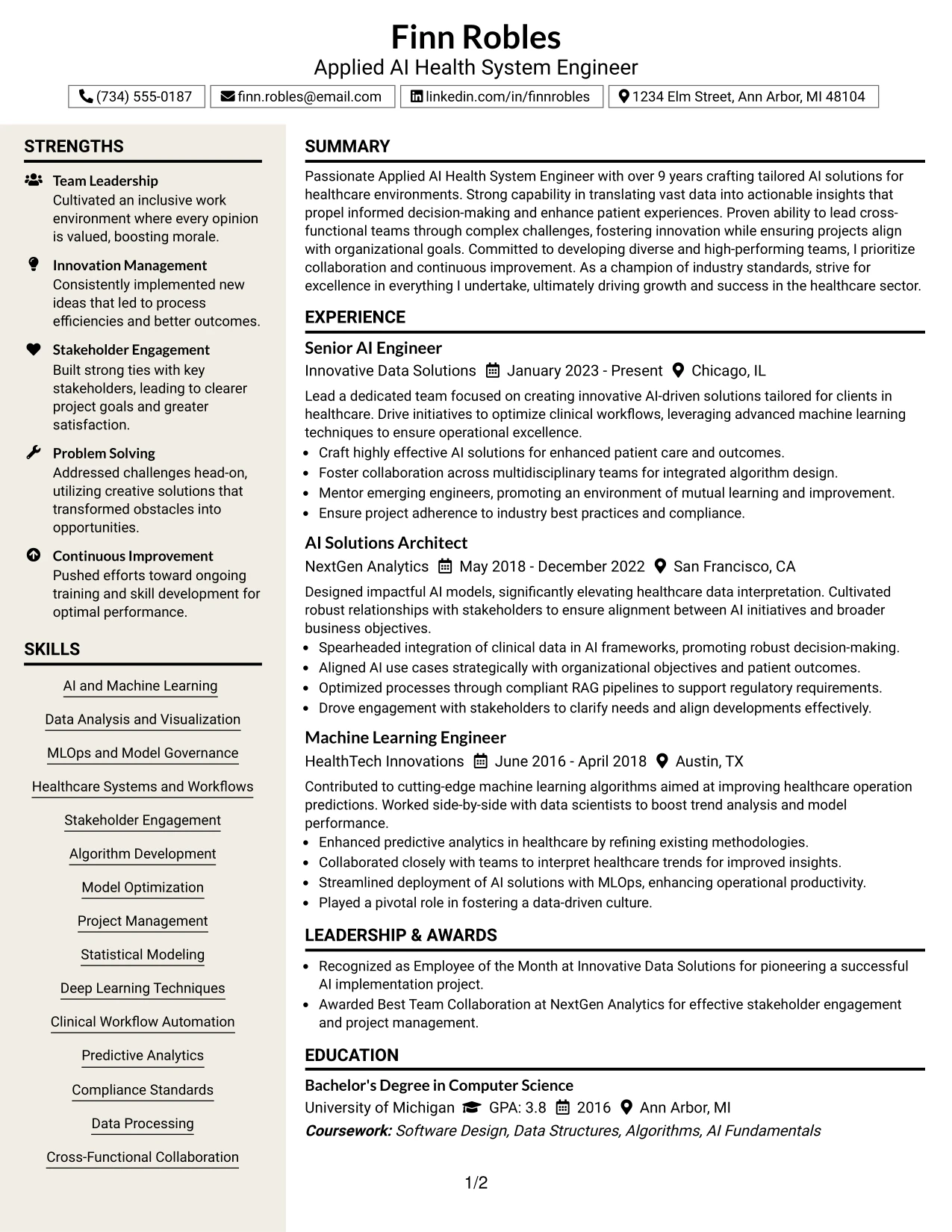 Resume Example Page 1