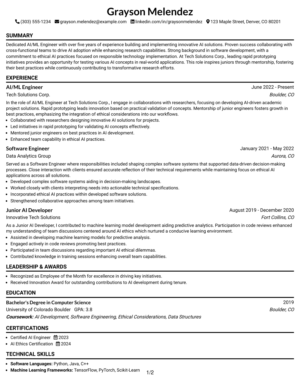 Resume Example Page 1