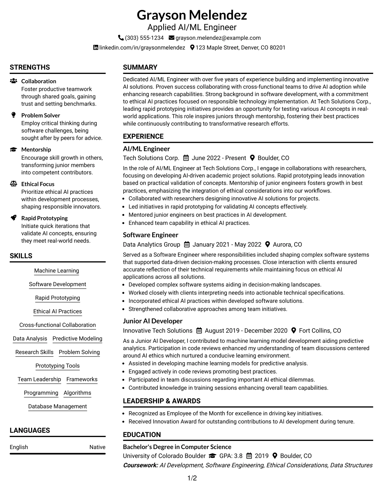 Resume Example Page 1