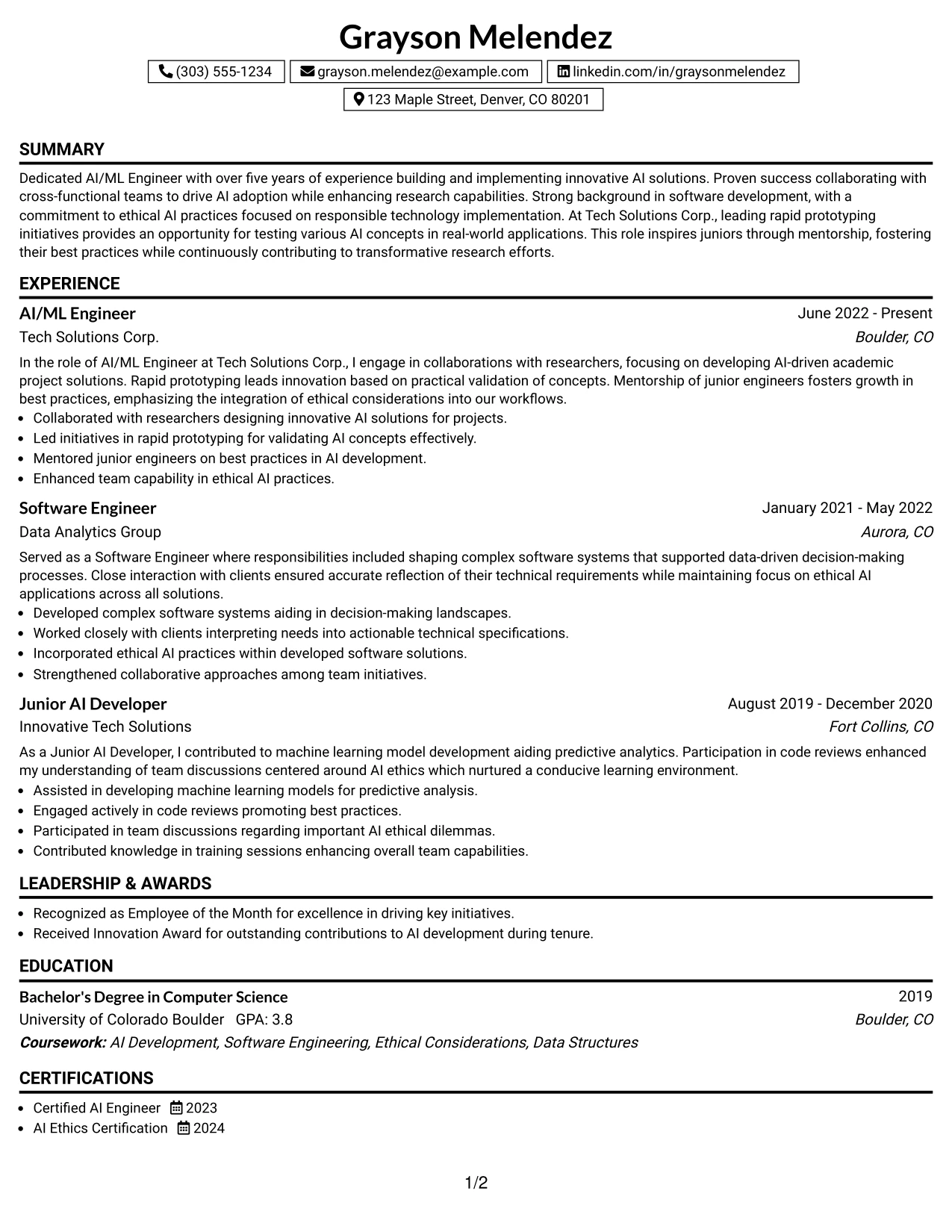 Resume Example Page 1