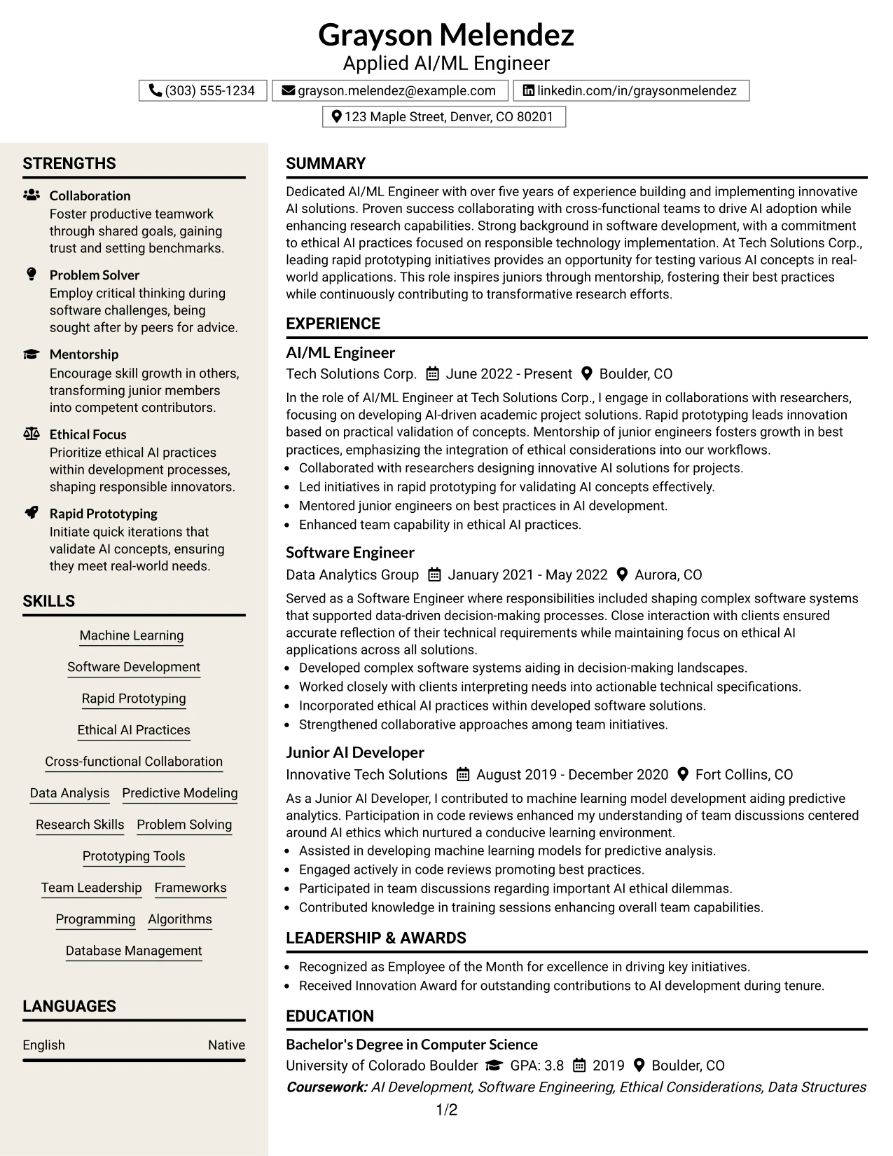 Resume Example Page 1