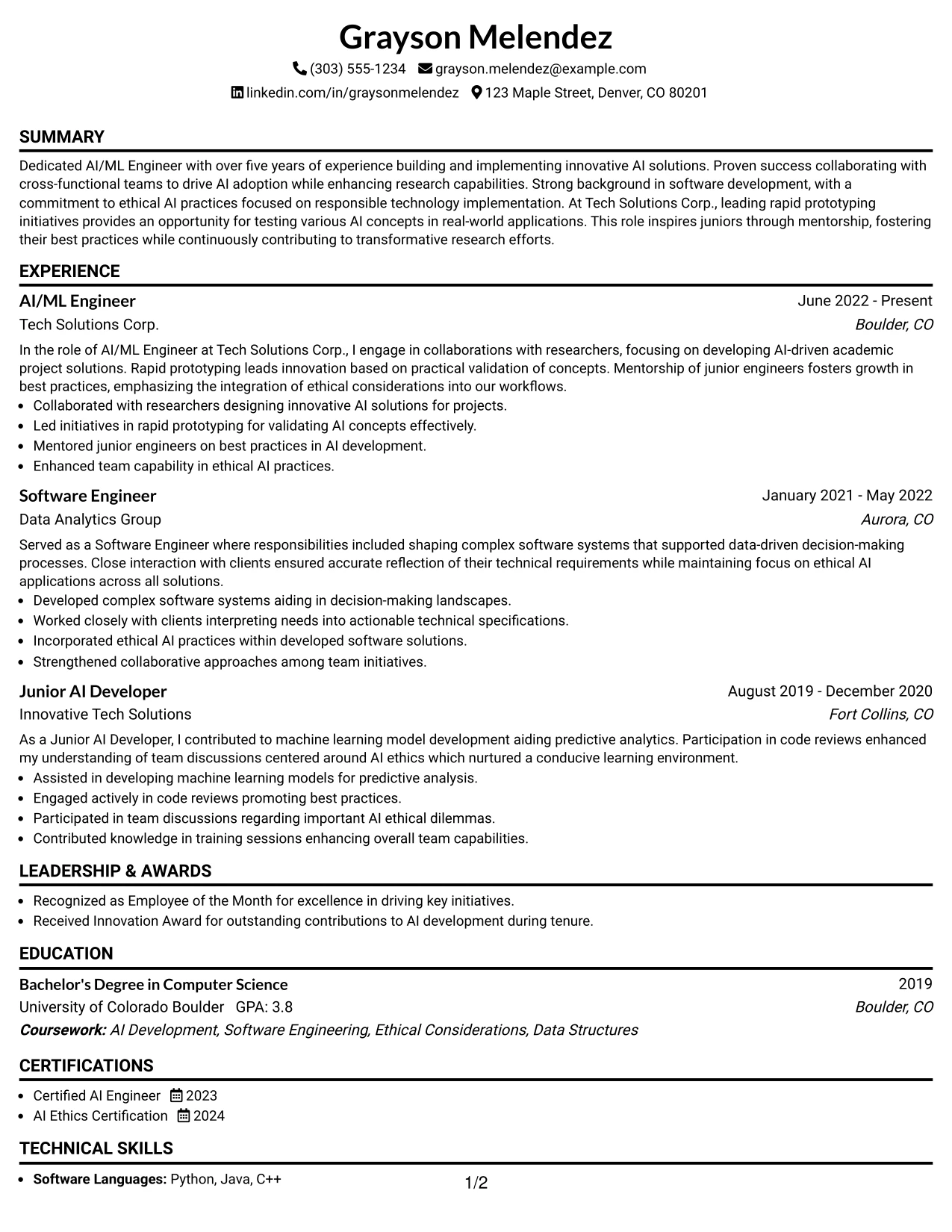 Resume Example Page 1