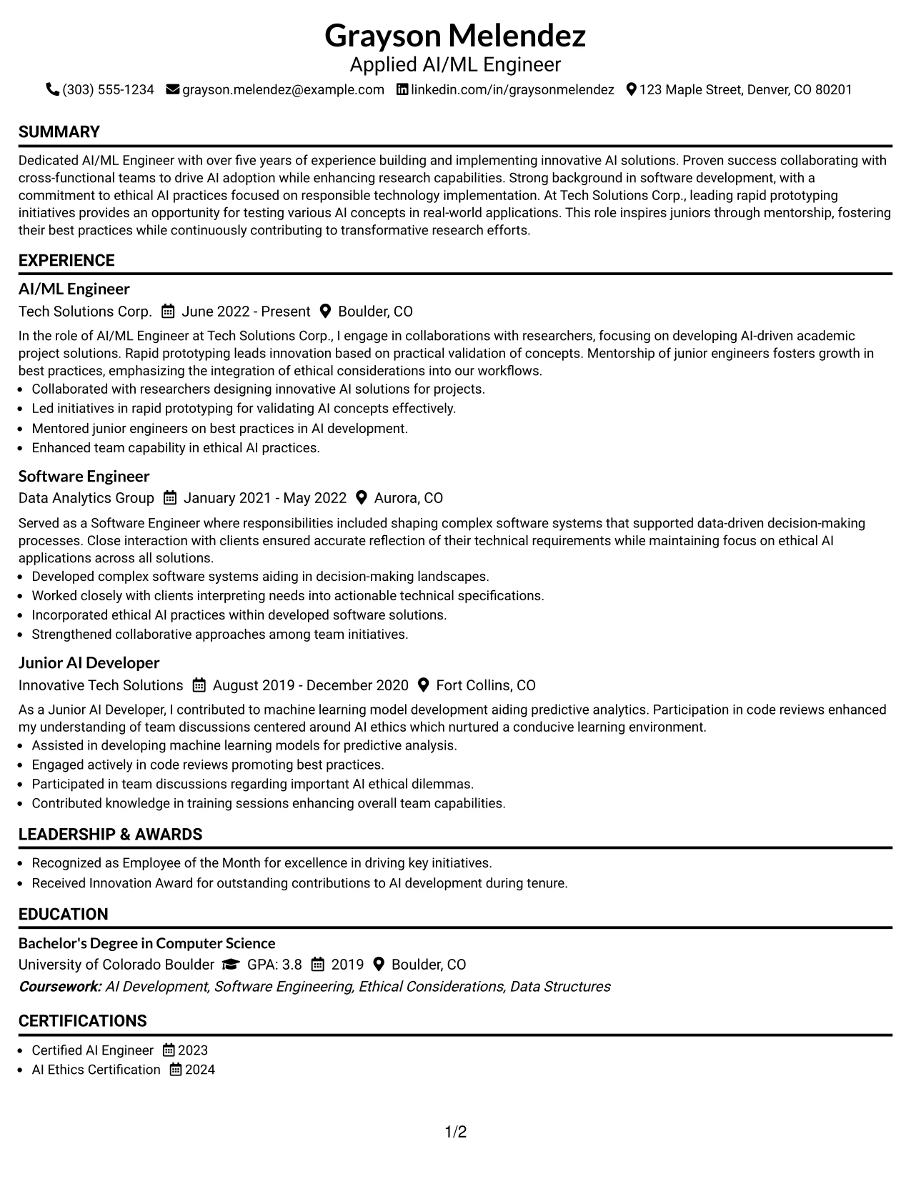 Resume Example Page 1