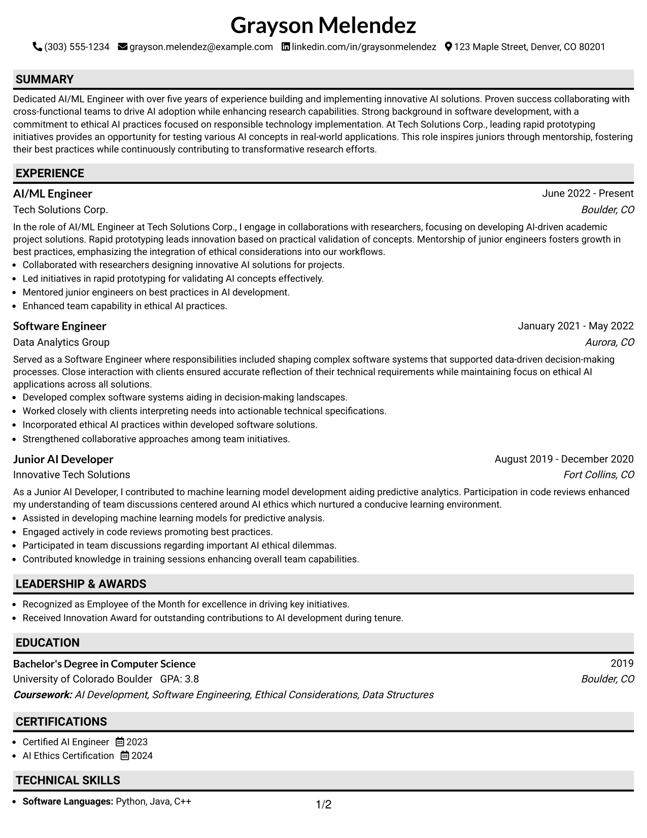 Resume Example Page 1