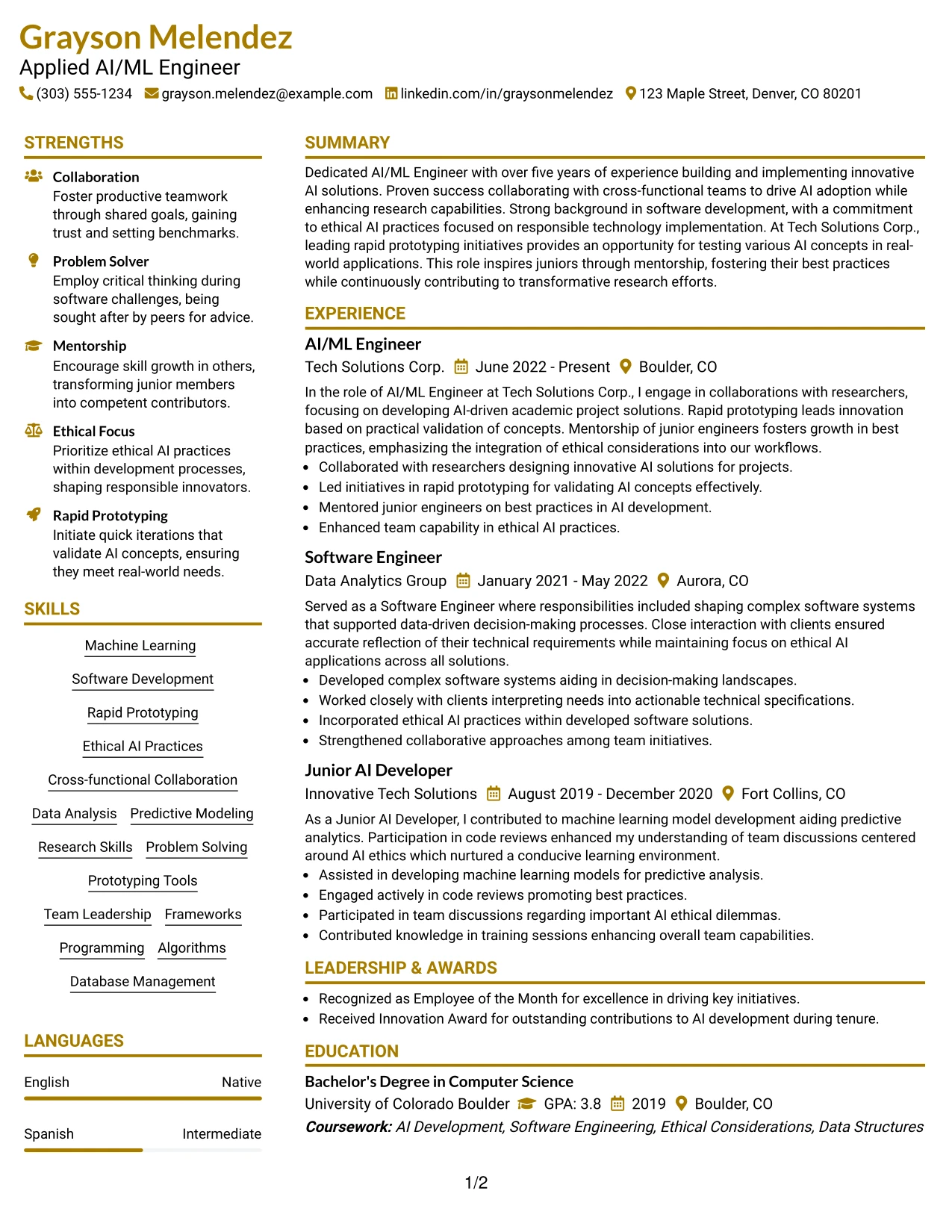 Resume Example Page 1