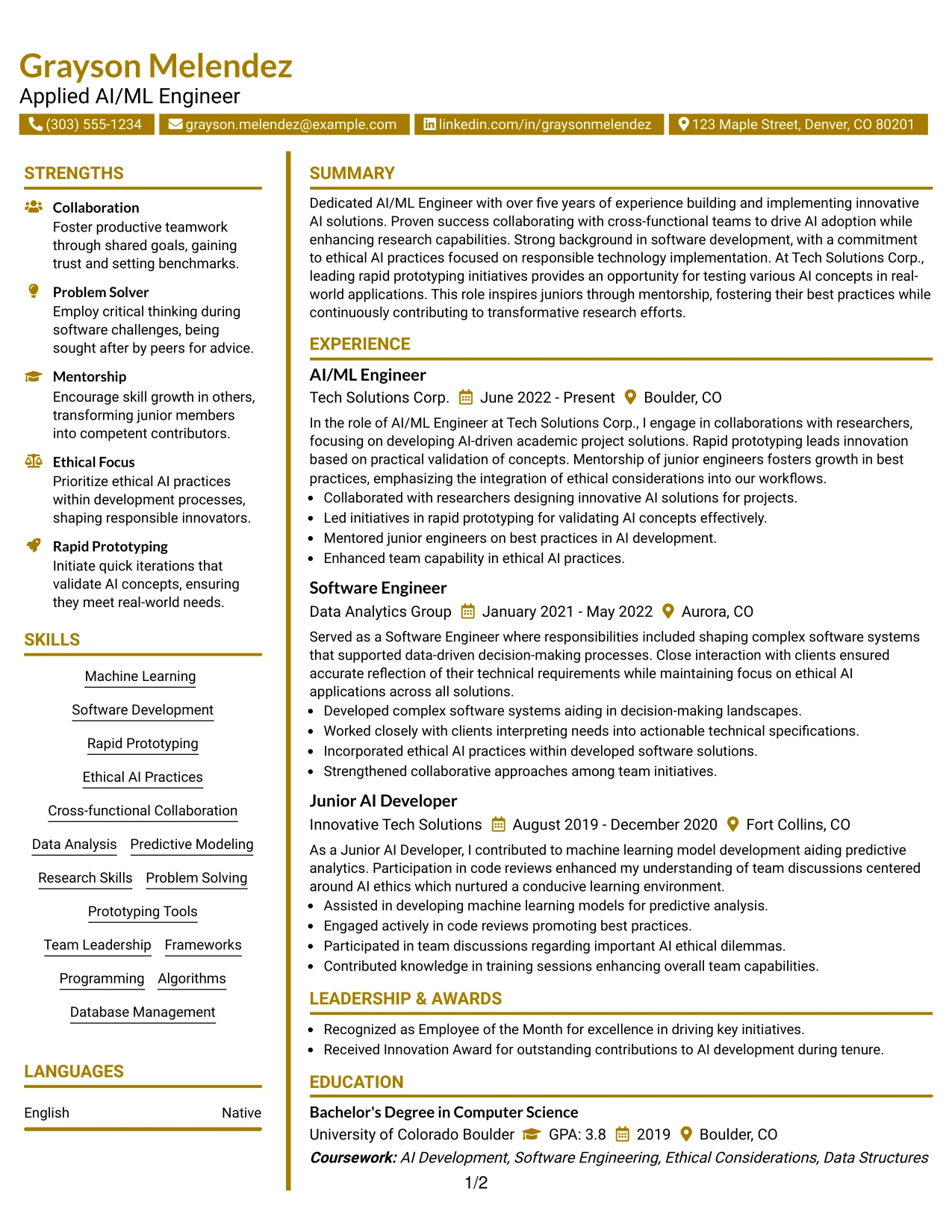 Resume Example Page 1