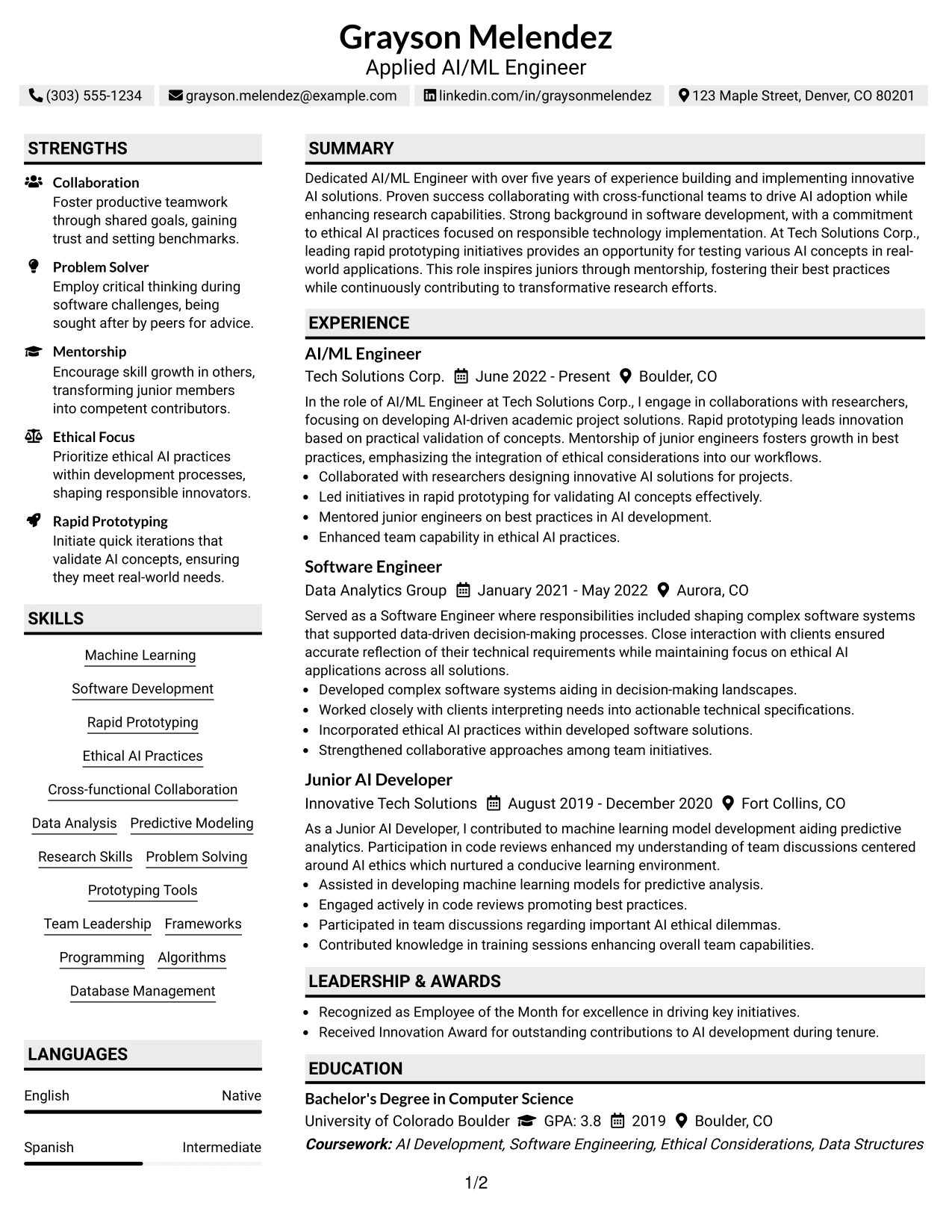 Resume Example Page 1