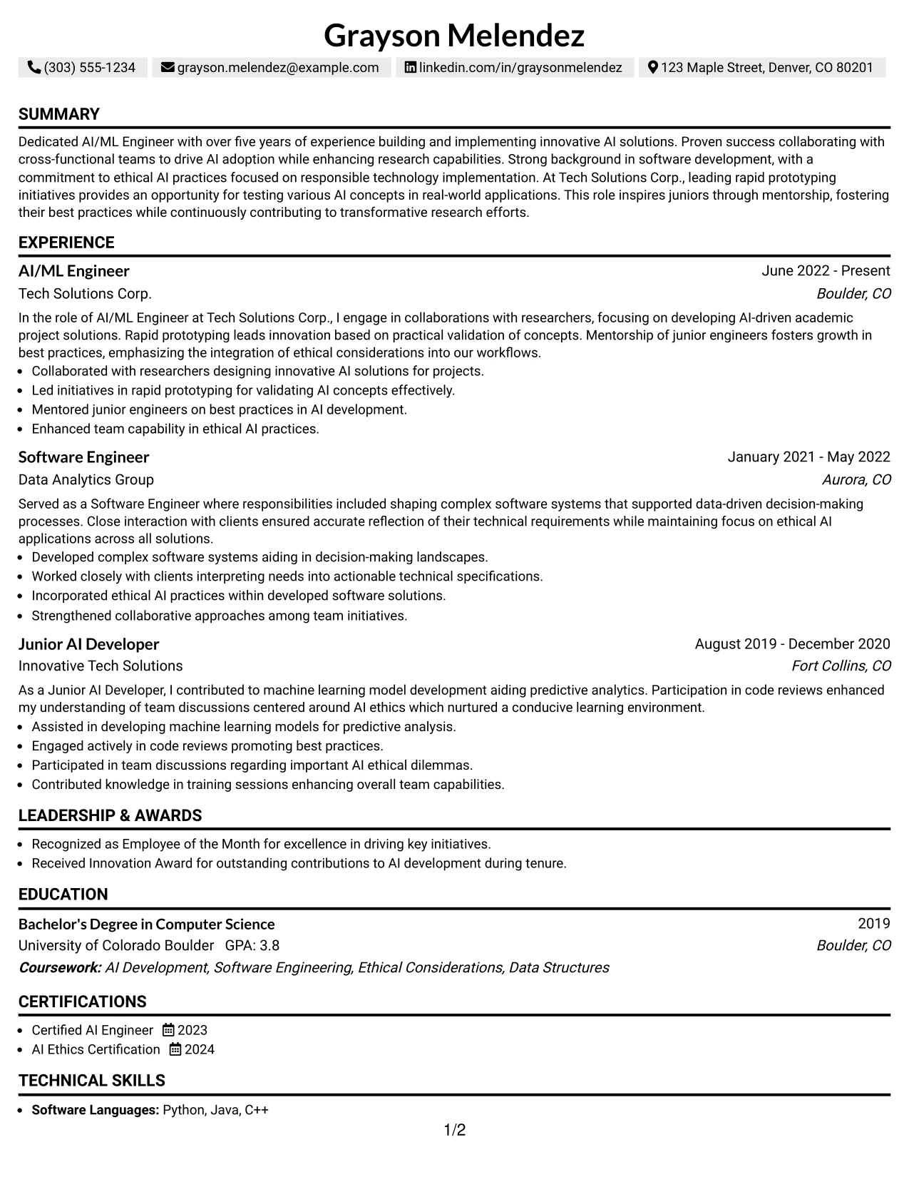 Resume Example Page 1