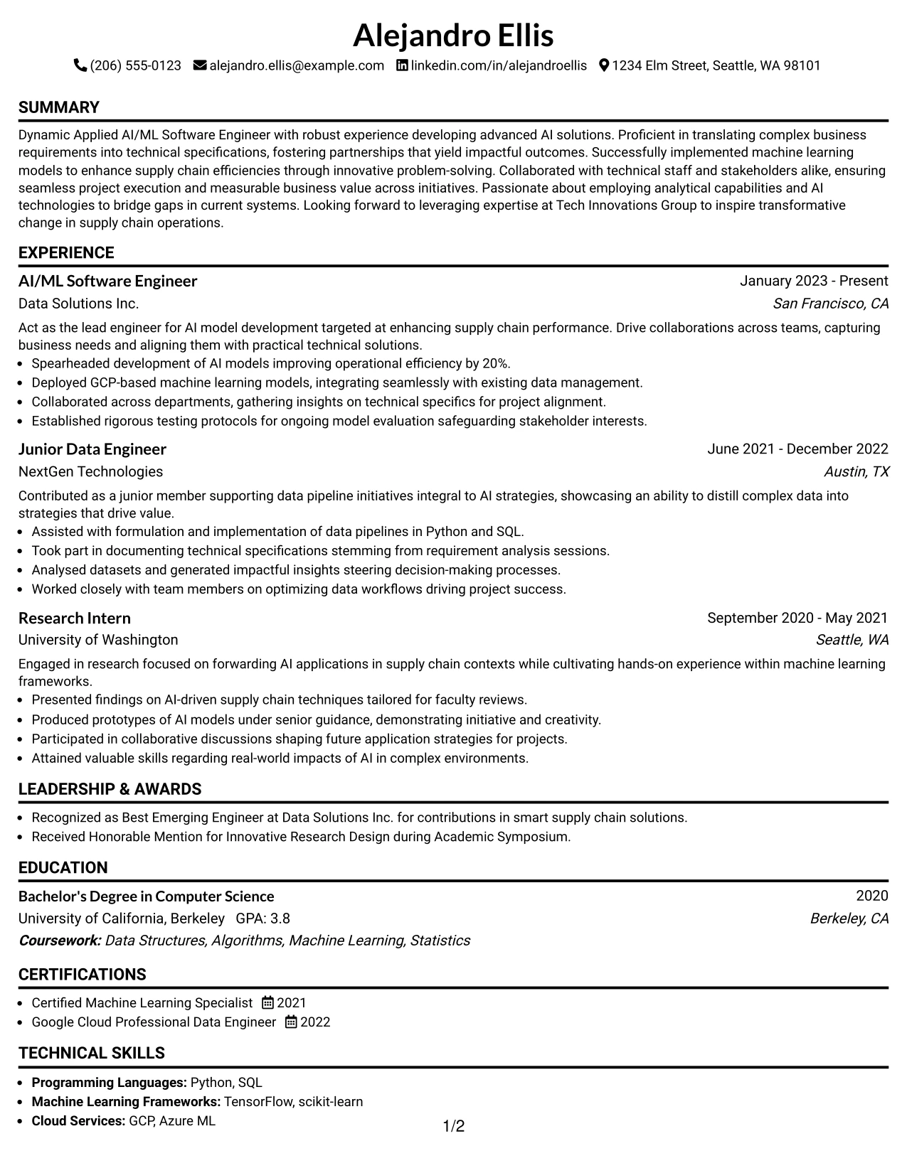 Resume Example Page 1
