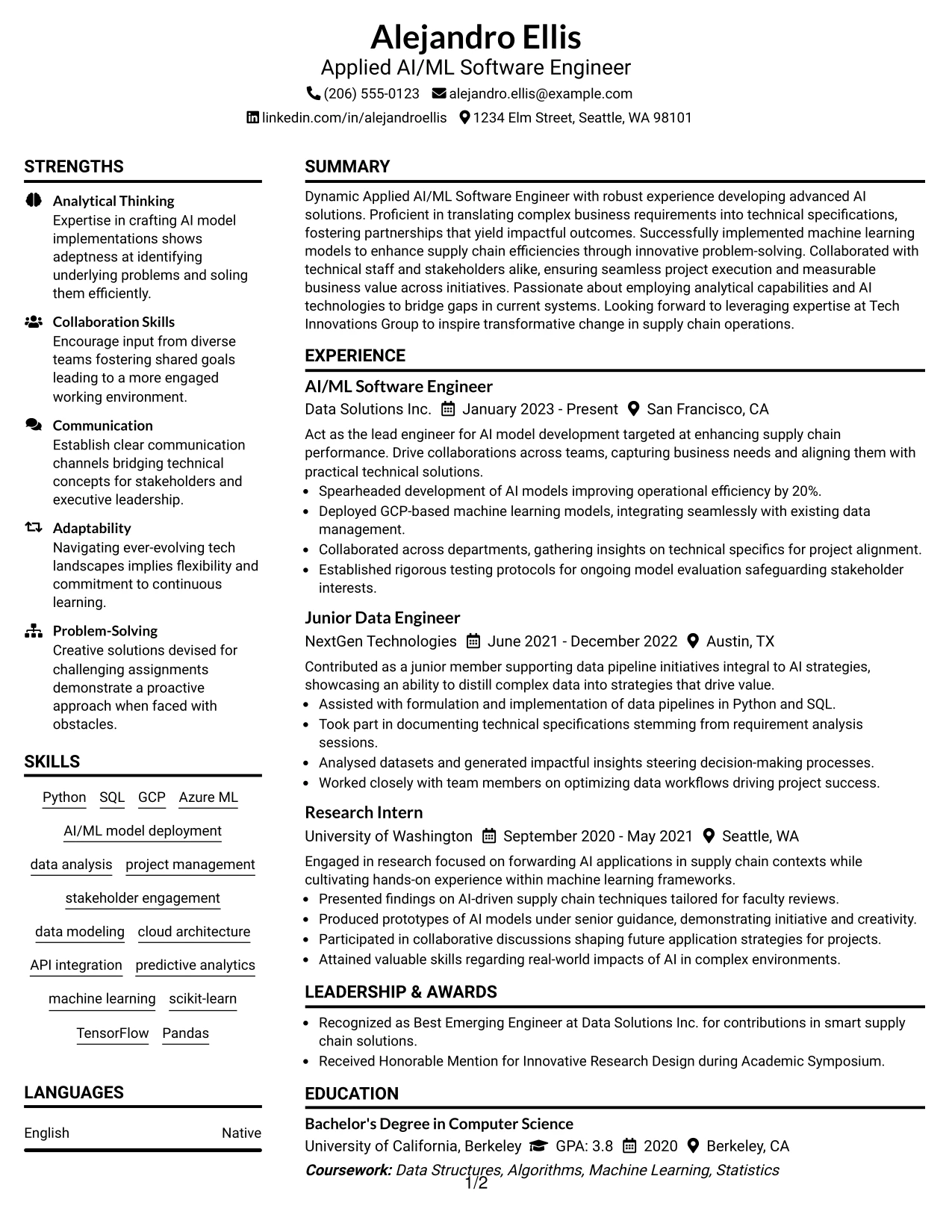 Resume Example Page 1