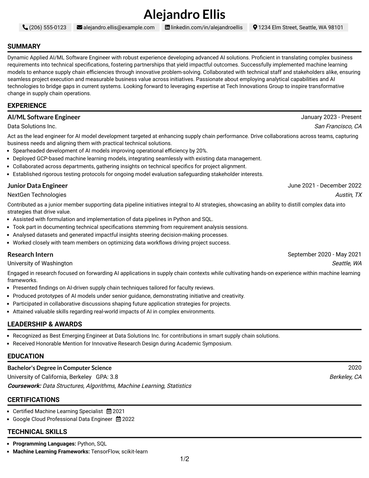Resume Example Page 1