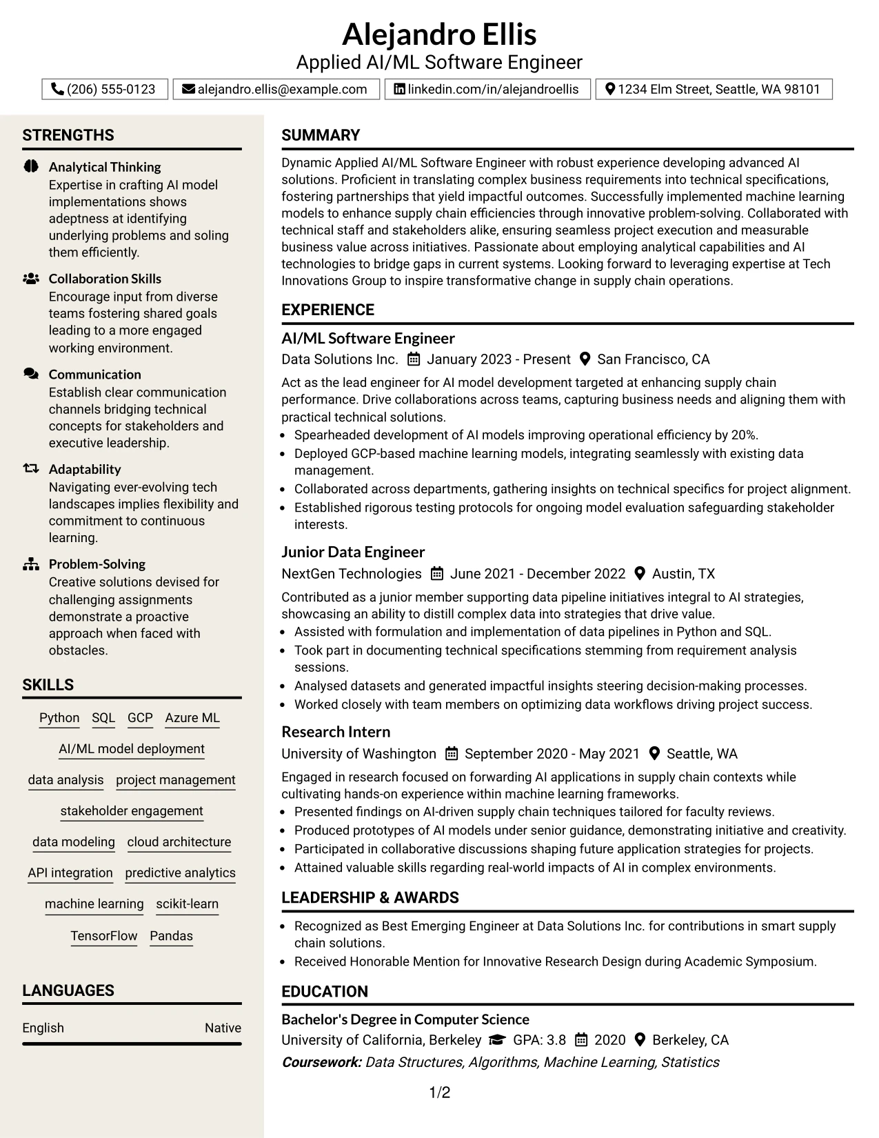 Resume Example Page 1