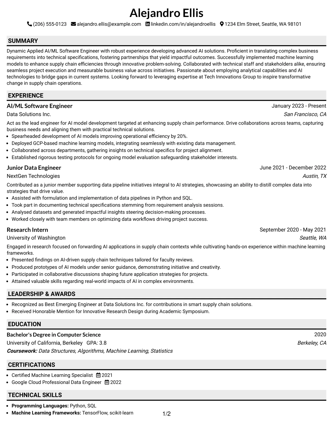 Resume Example Page 1