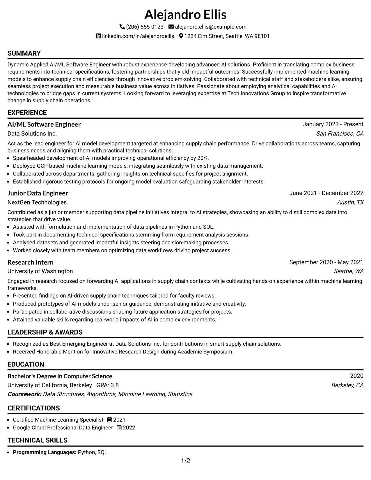 Resume Example Page 1
