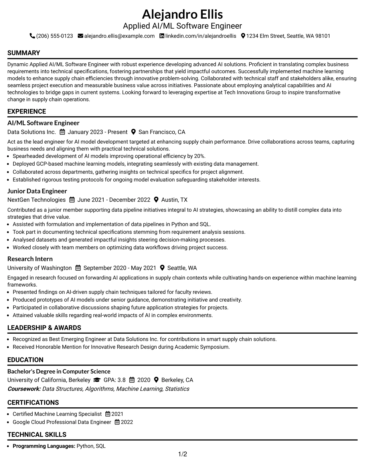 Resume Example Page 1
