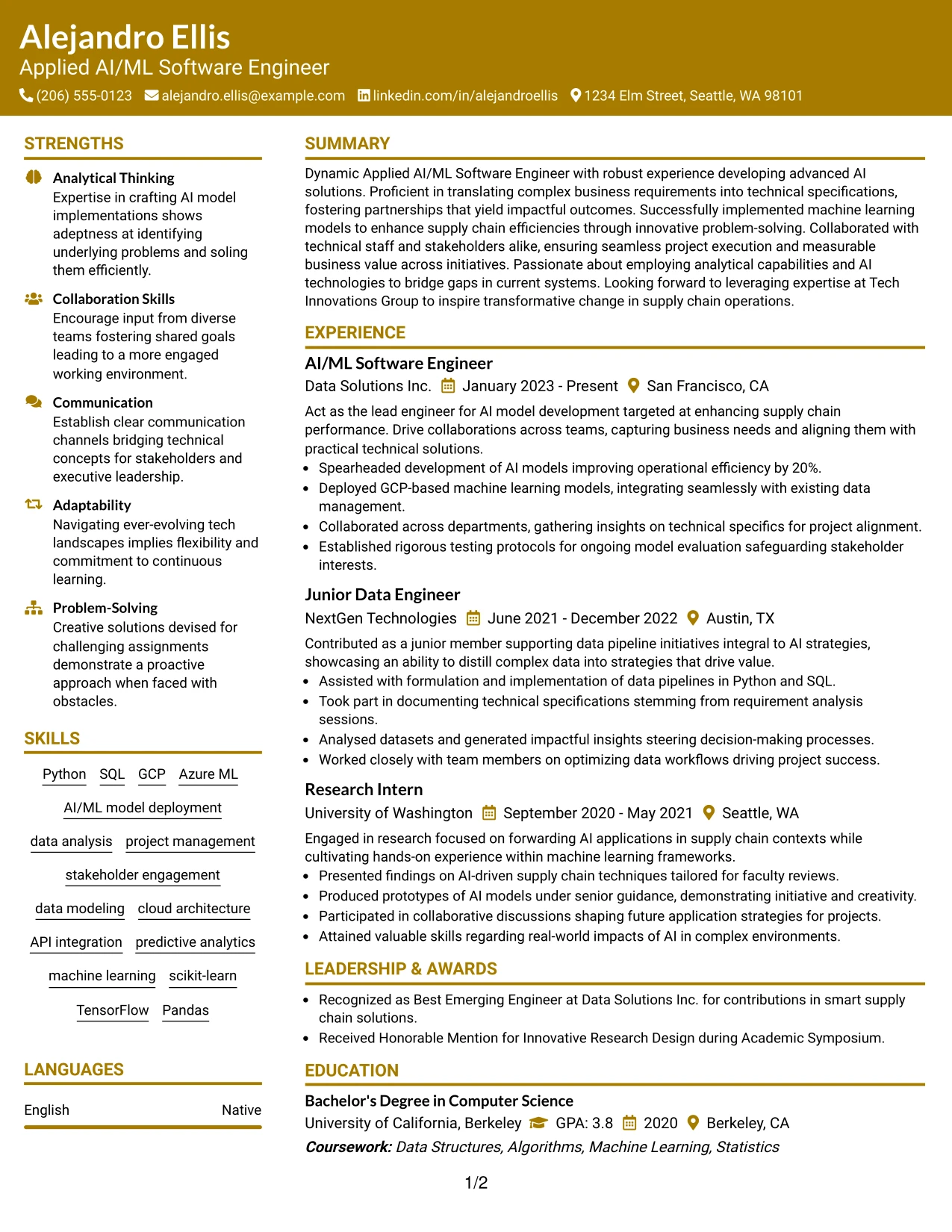 Resume Example Page 1