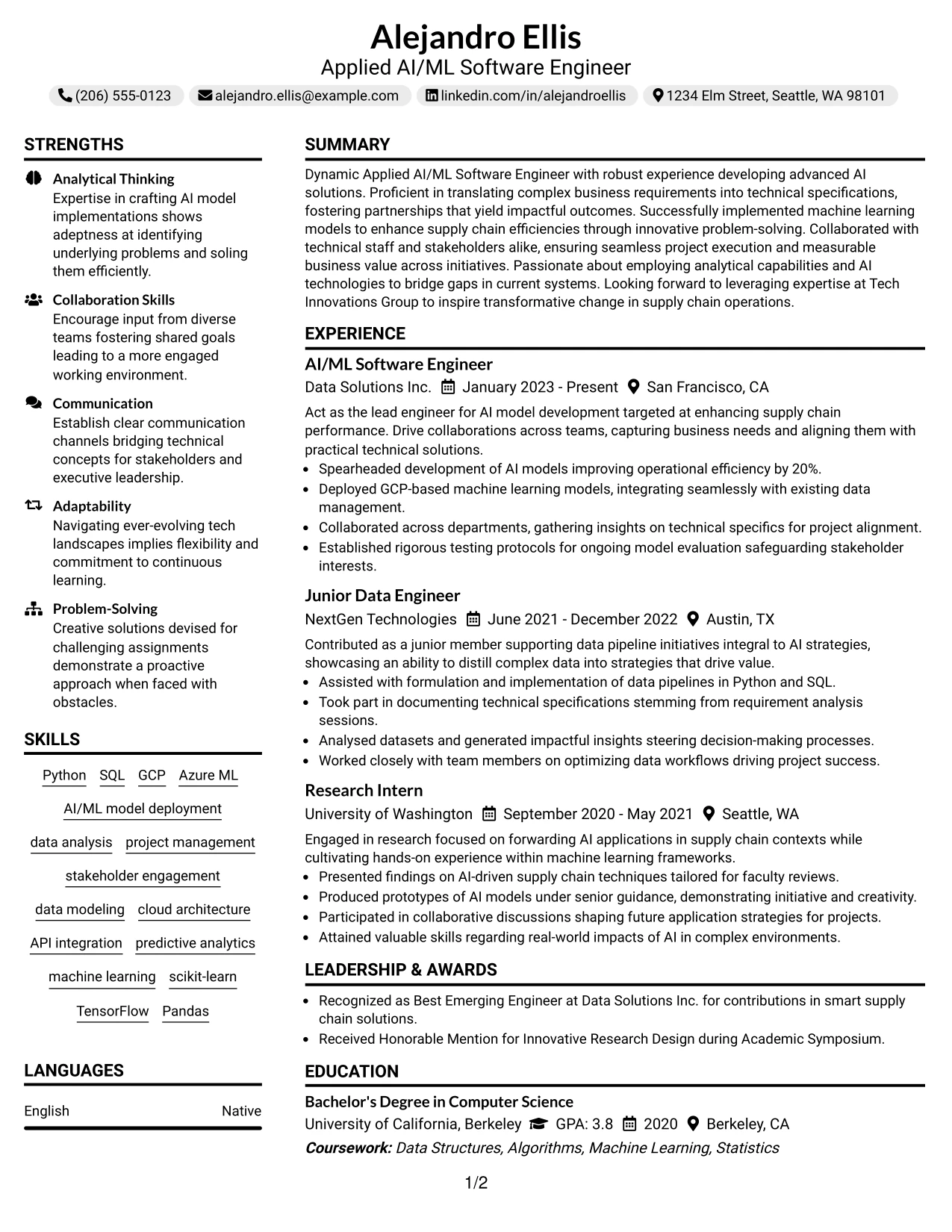Resume Example Page 1
