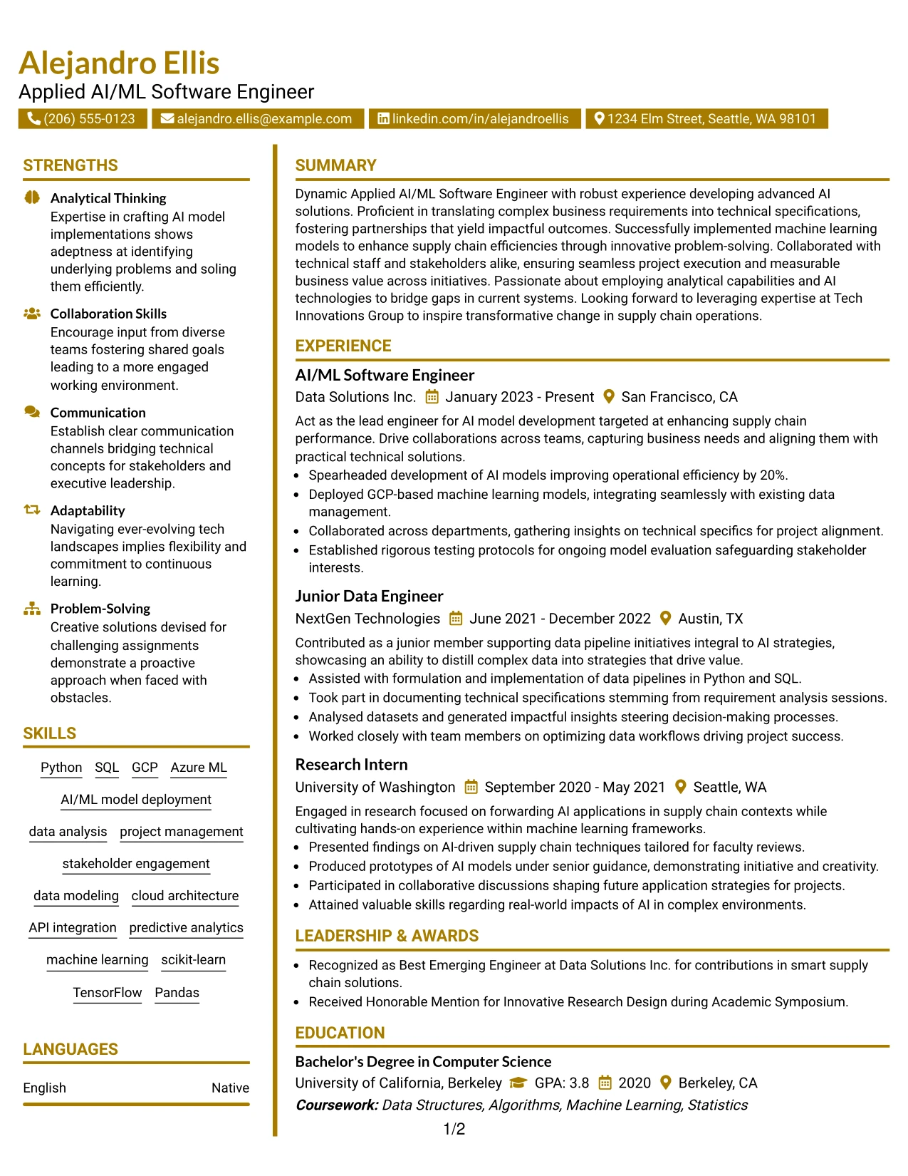 Resume Example Page 1