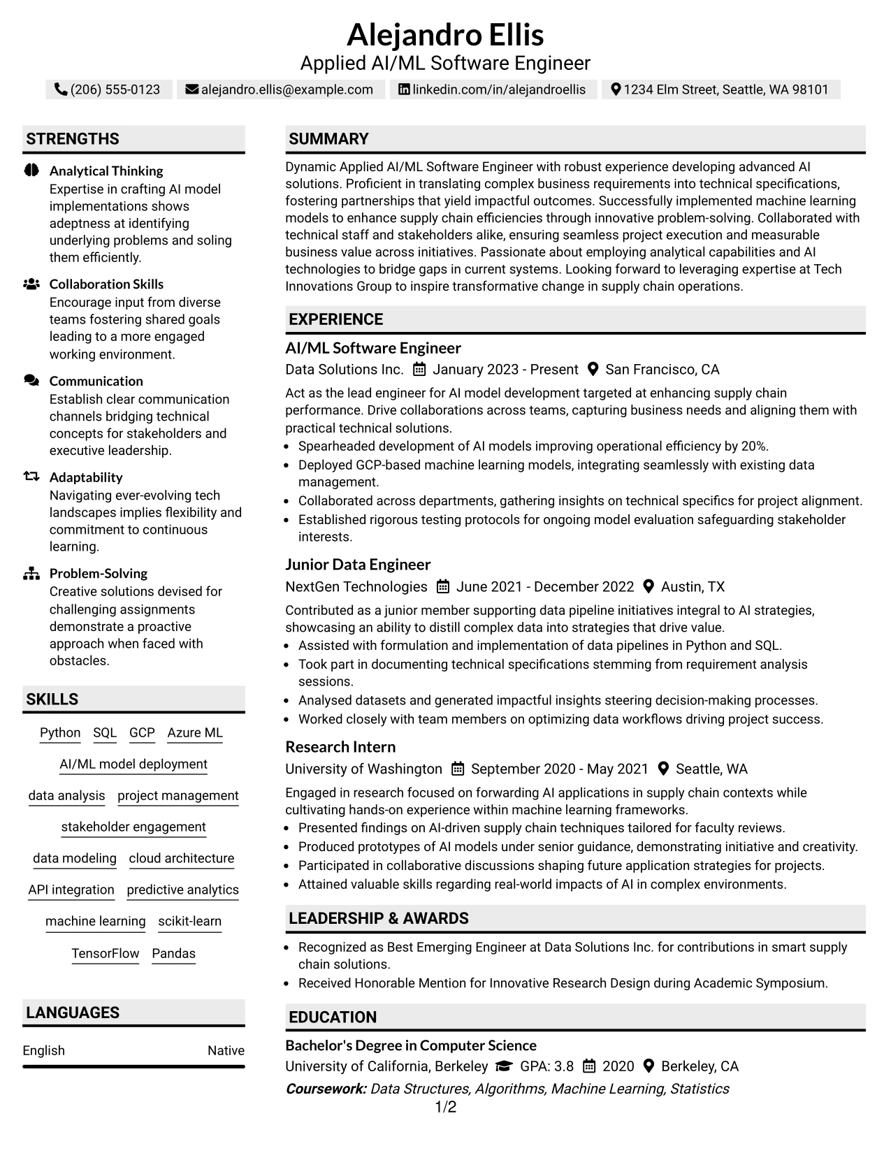 Resume Example Page 1