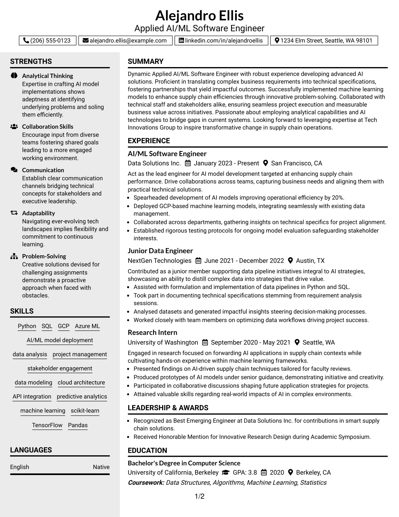 Resume Example Page 1
