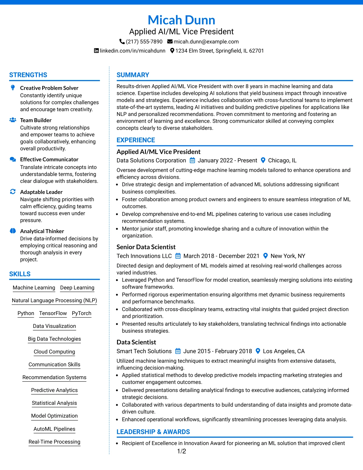 Resume Example Page 1