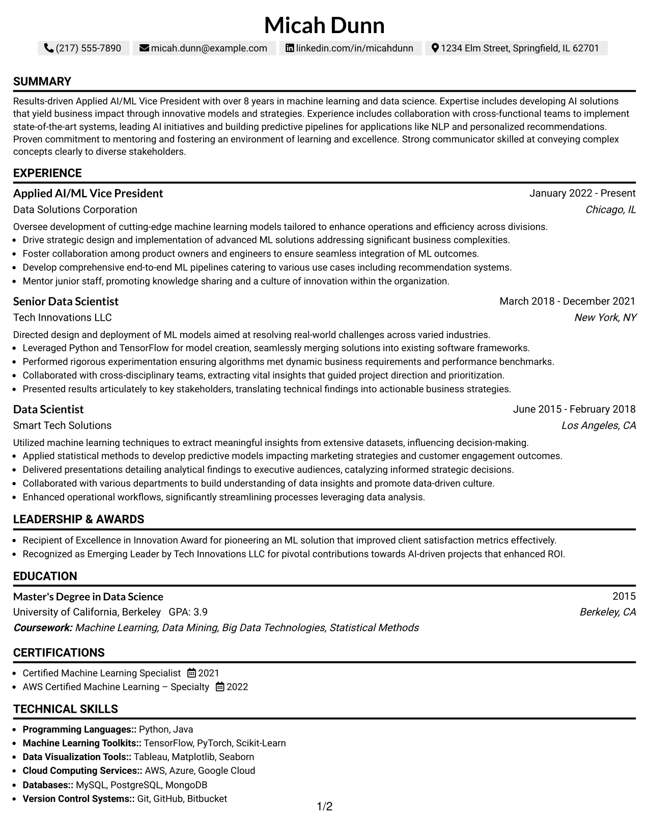 Resume Example Page 1