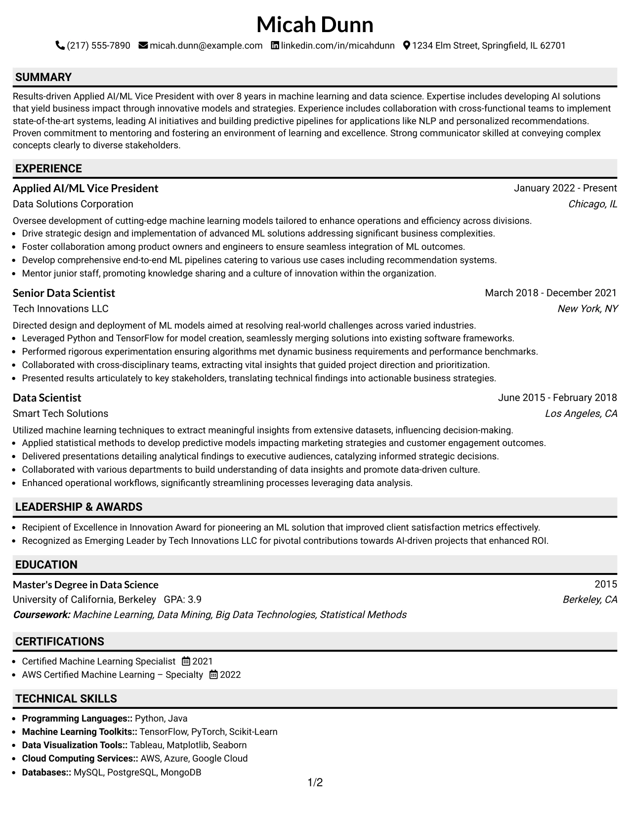 Resume Example Page 1
