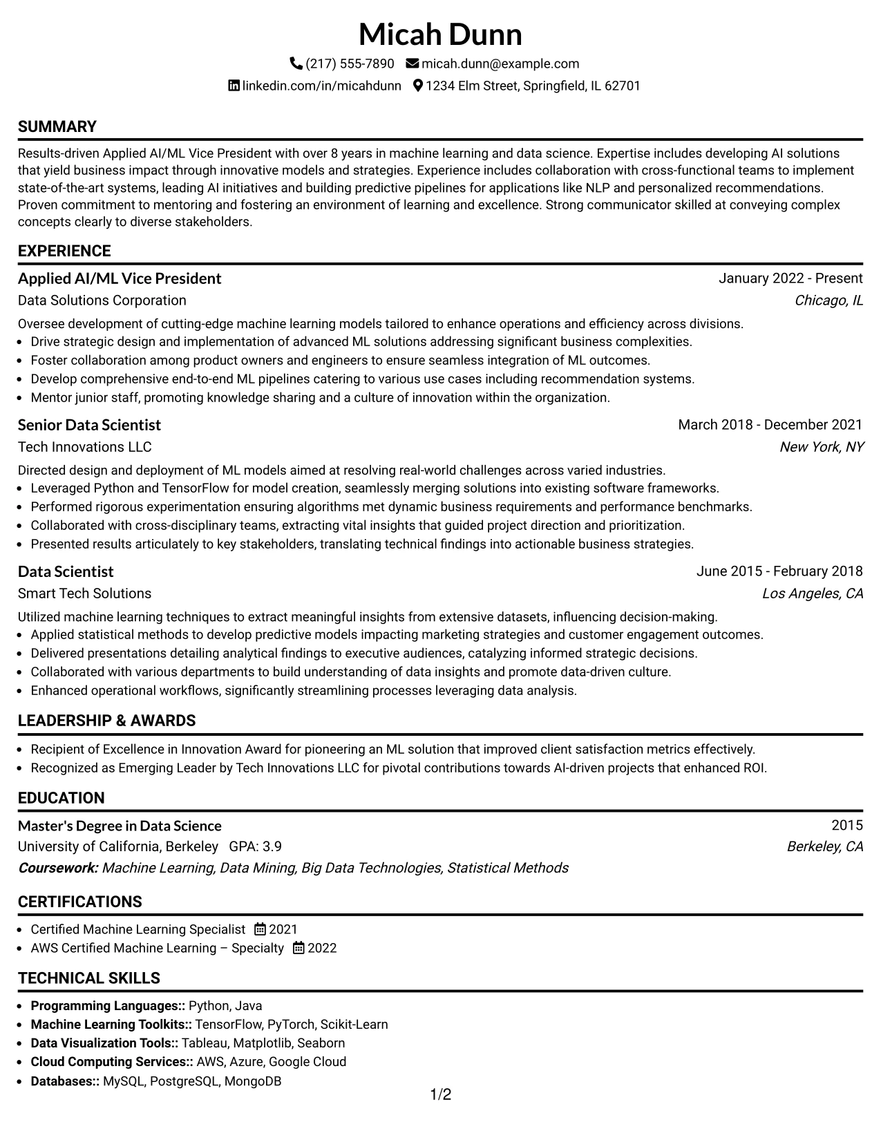 Resume Example Page 1