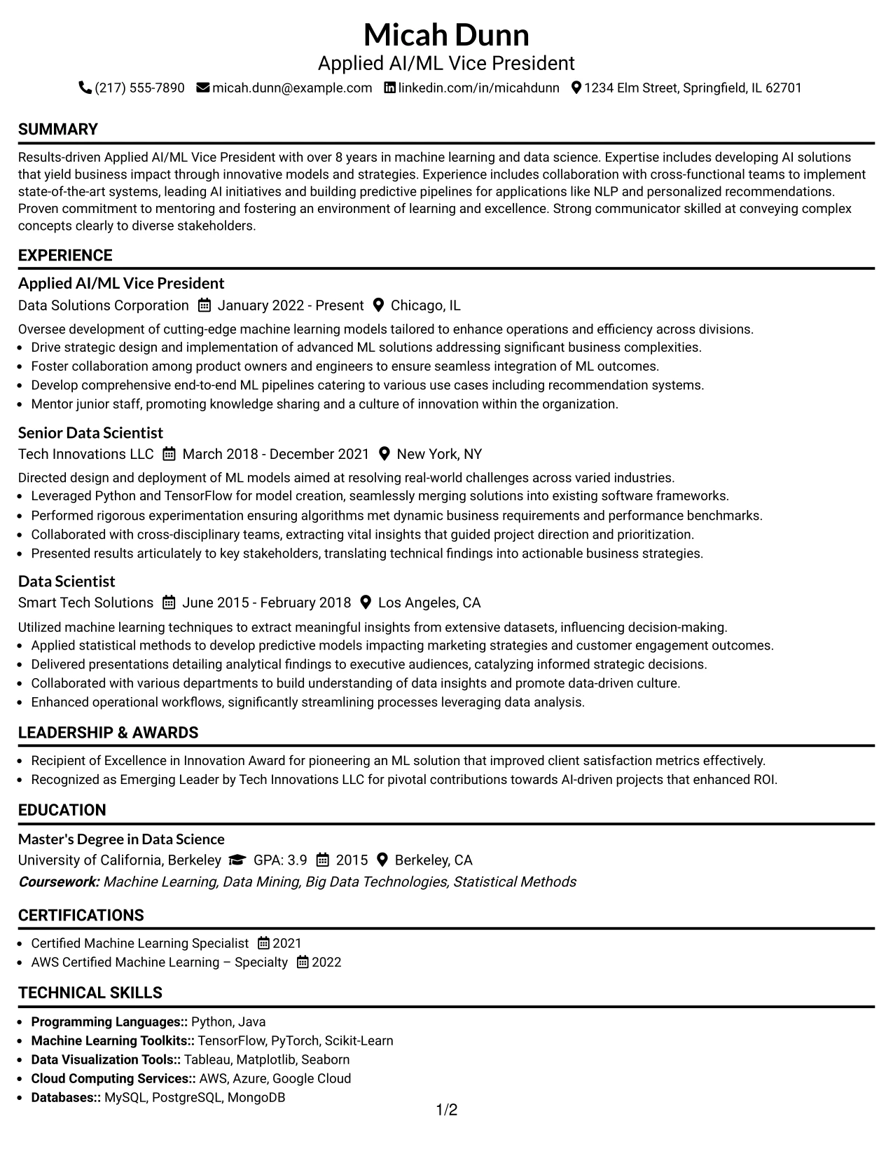 Resume Example Page 1