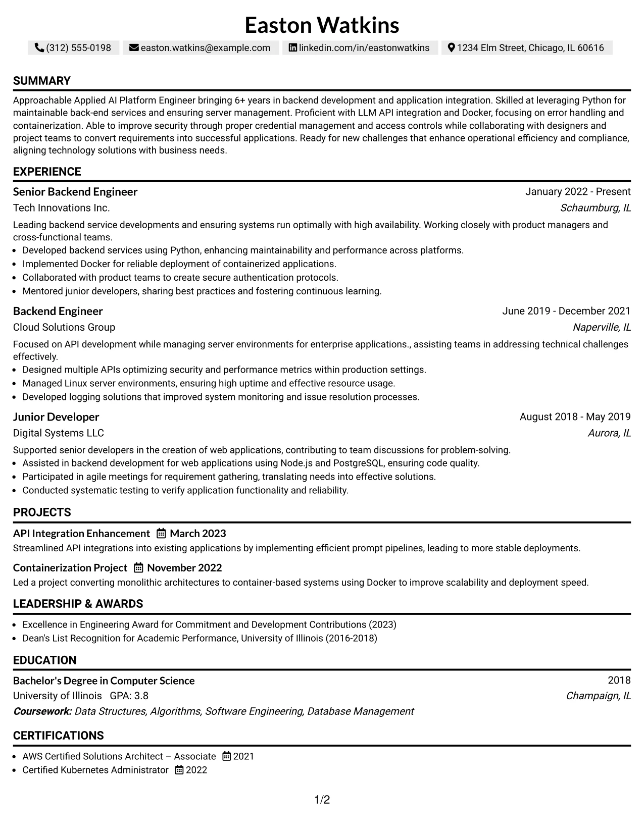 Resume Example Page 1