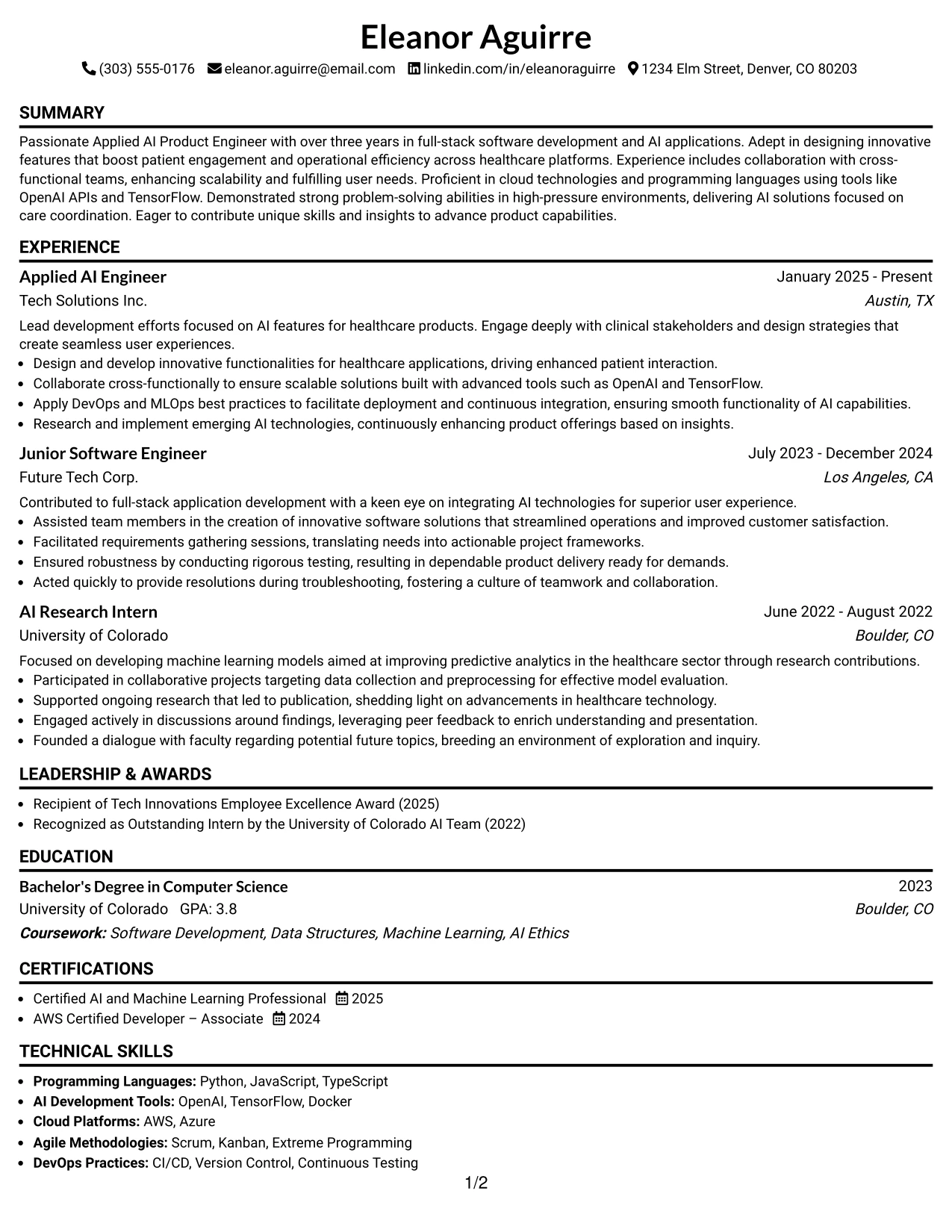Resume Example Page 1