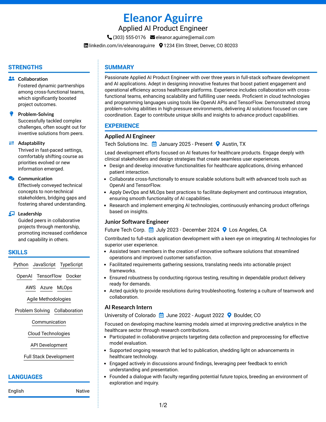 Resume Example Page 1