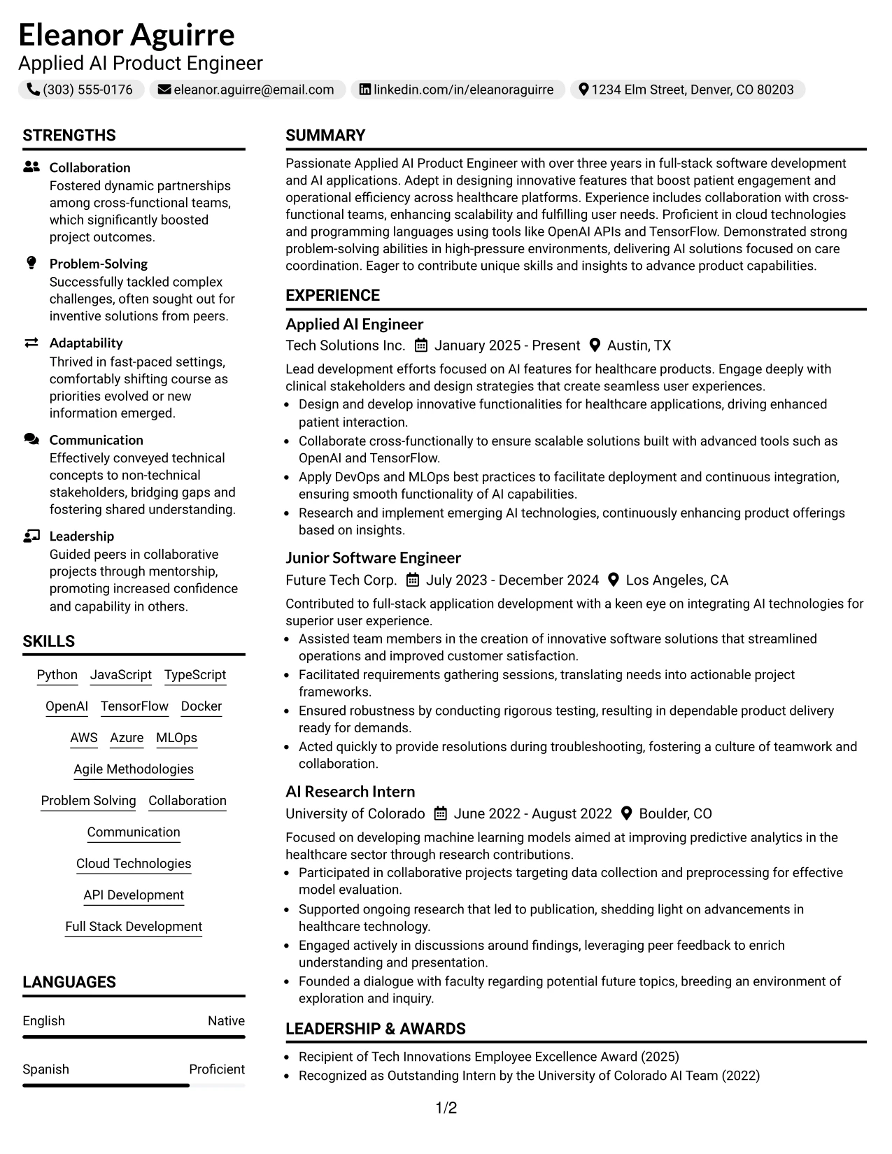 Resume Example Page 1