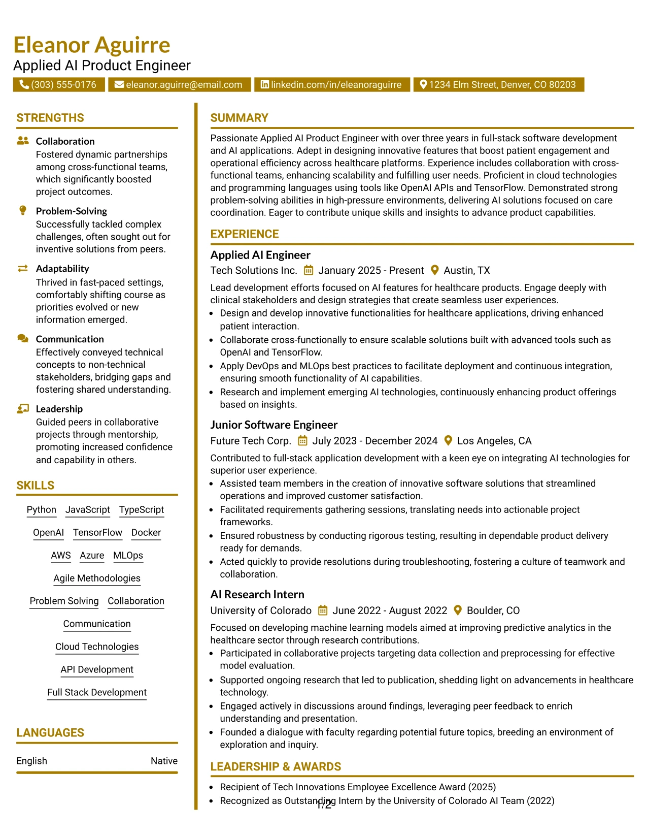 Resume Example Page 1