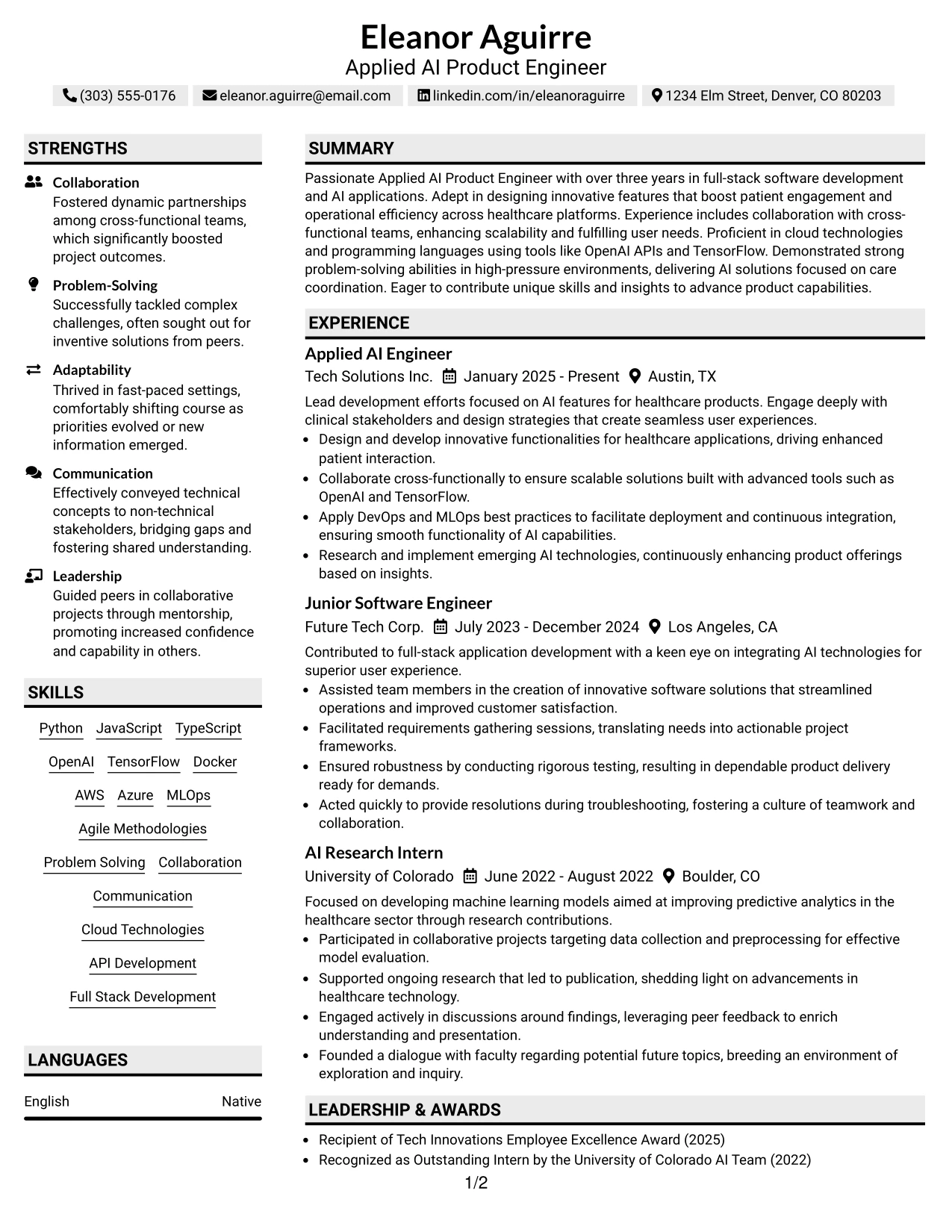 Resume Example Page 1