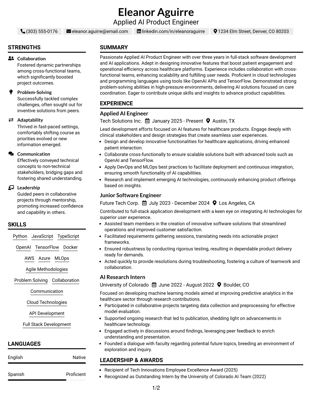 Resume Example Page 1
