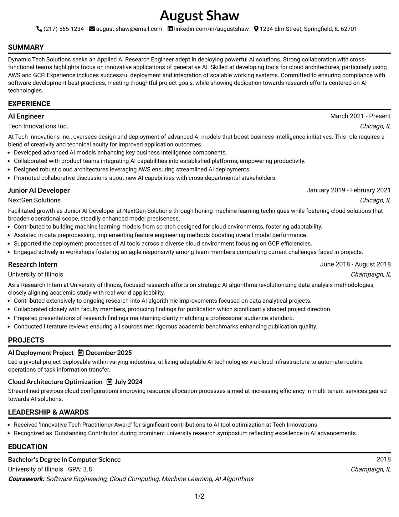 Resume Example Page 1