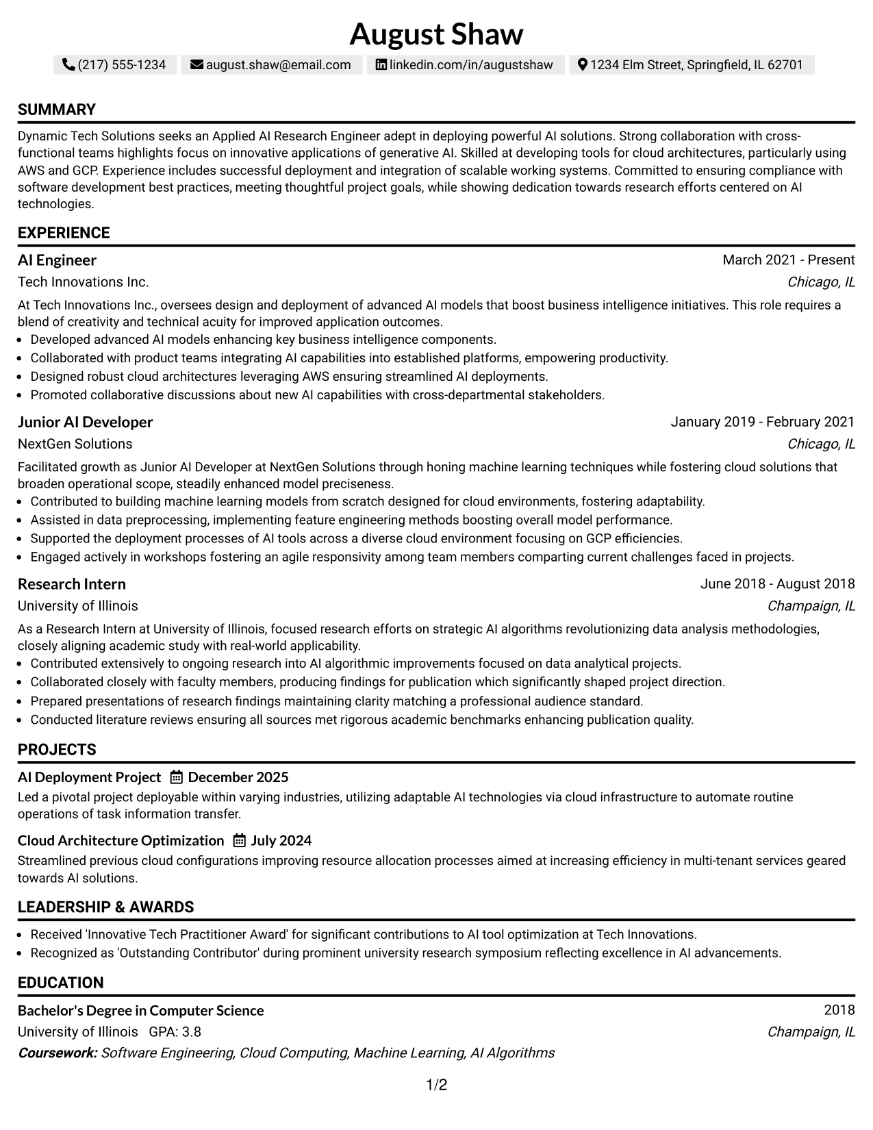 Resume Example Page 1