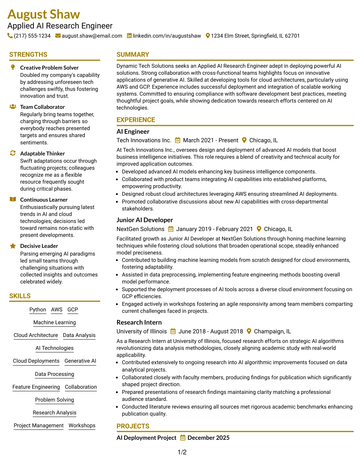 Resume Example Page 1