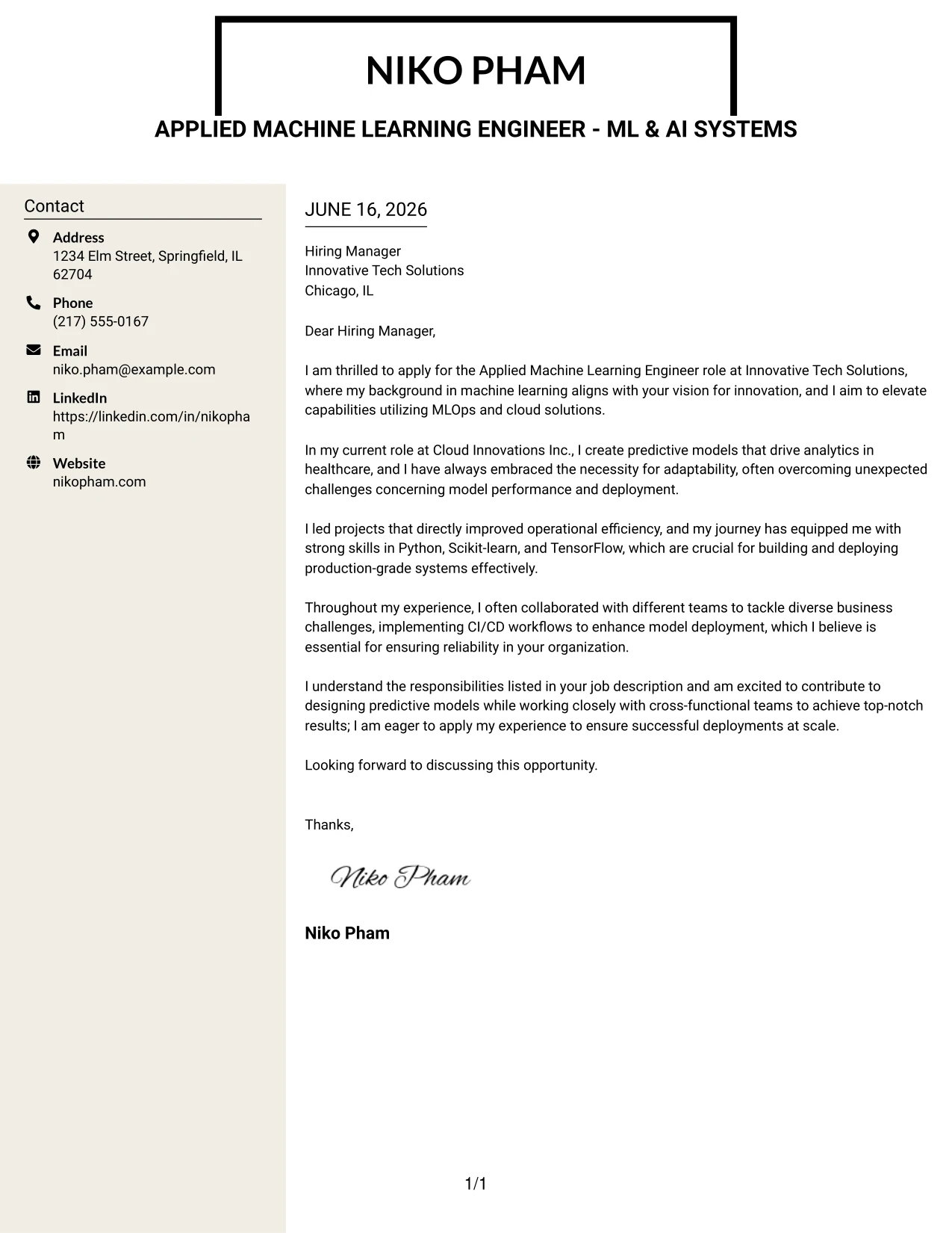 Resume Example Page 1