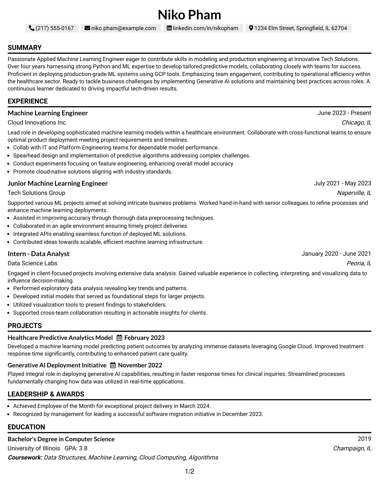 Resume Example Page 1