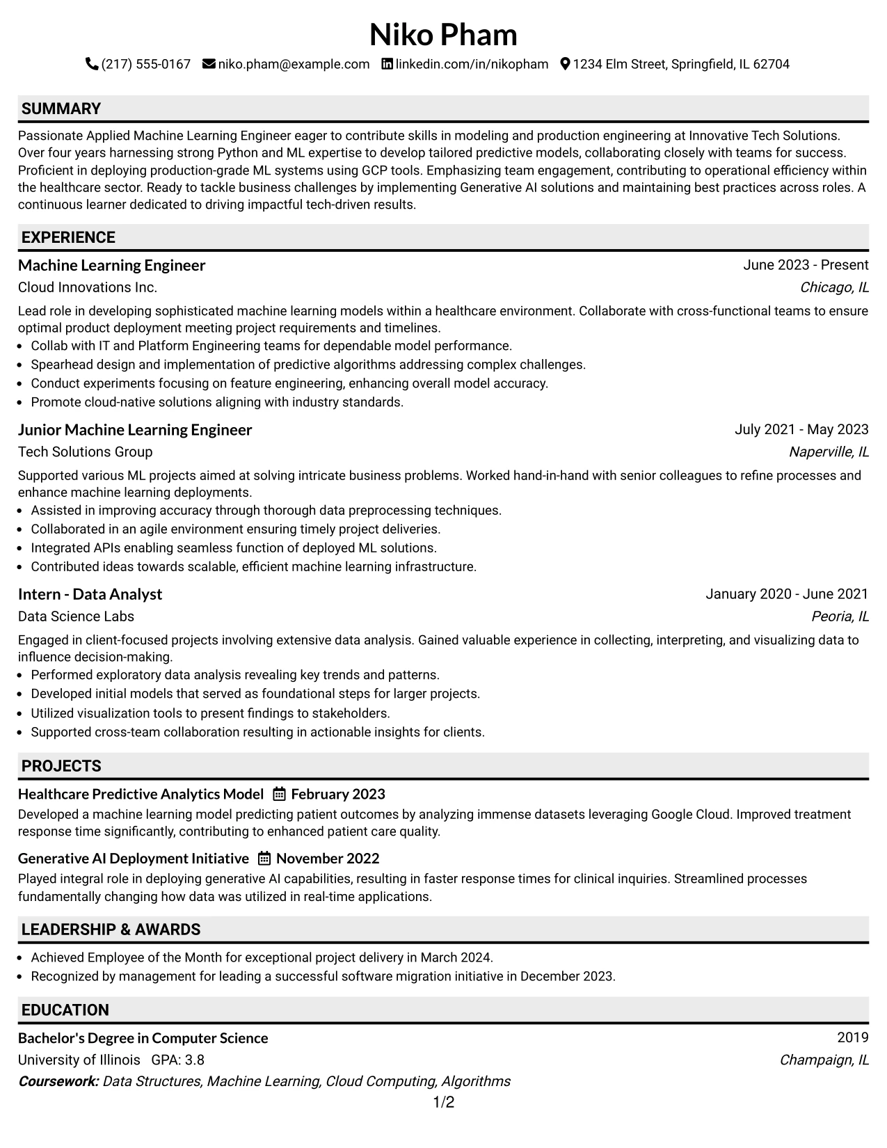 Resume Example Page 1