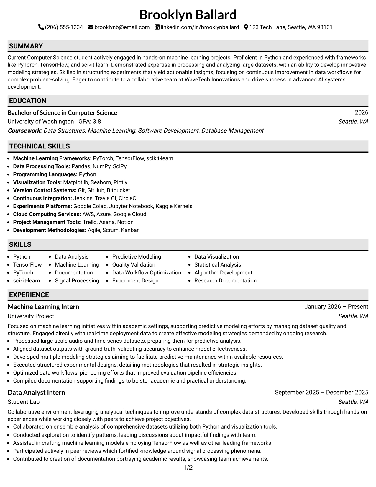 Resume Example Page 1