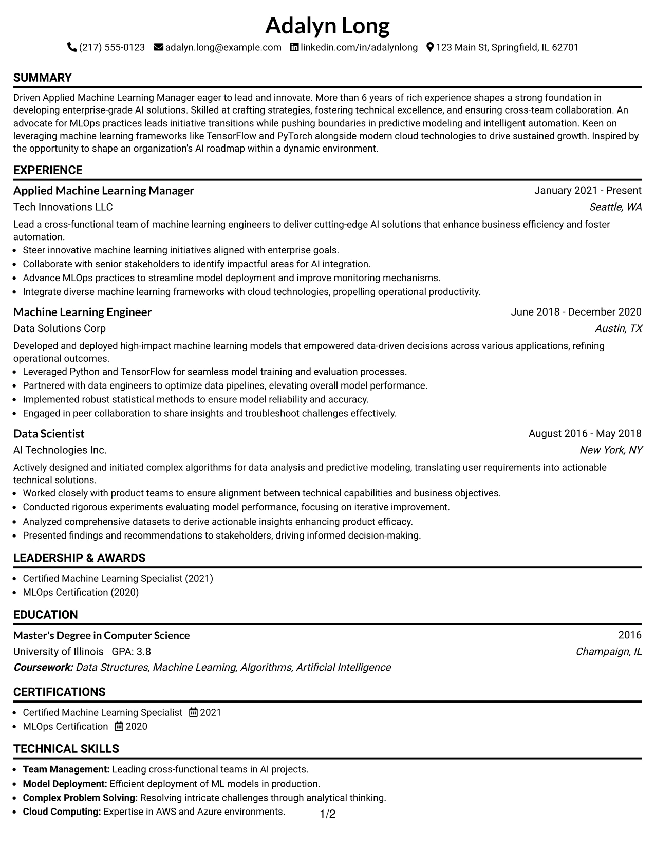 Resume Example Page 1