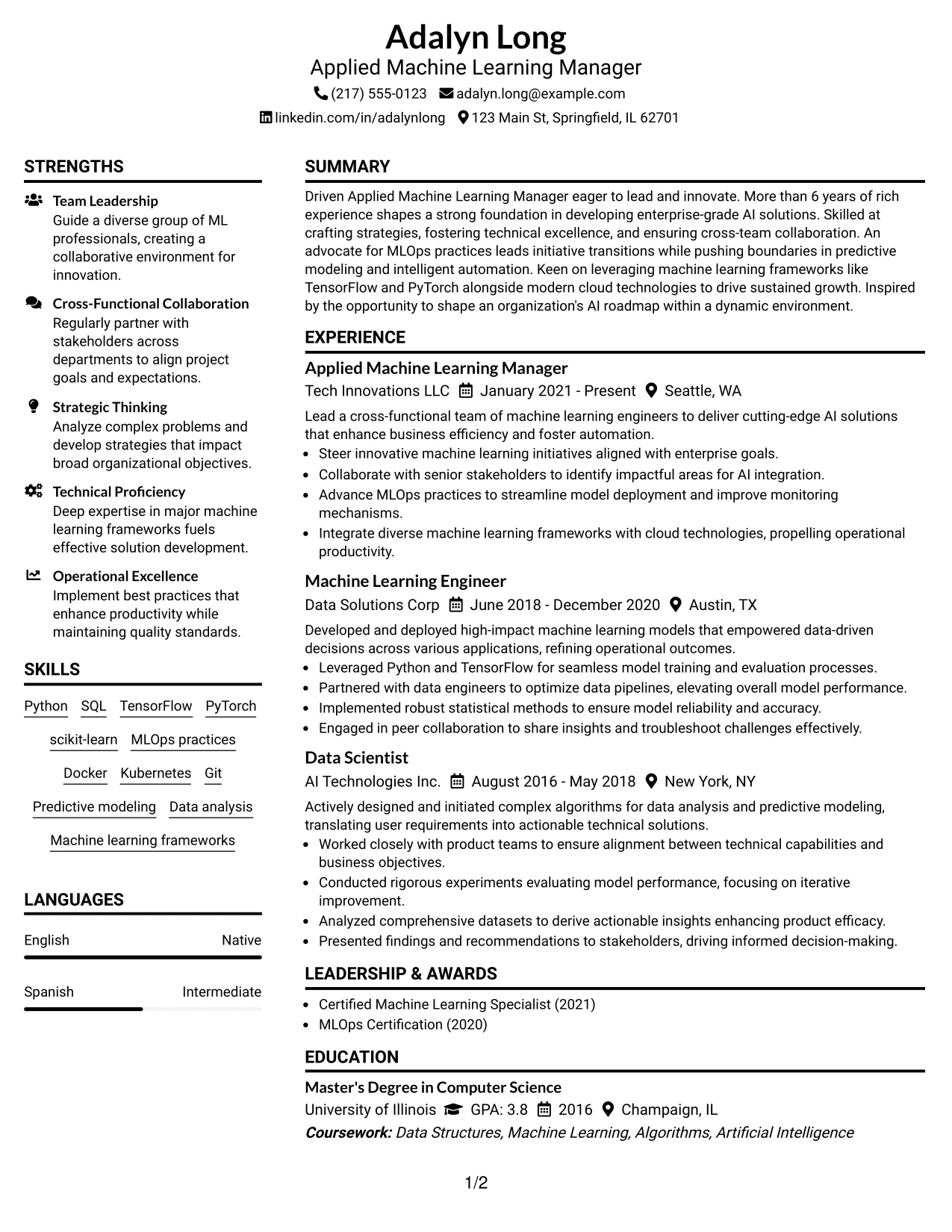 Resume Example Page 1