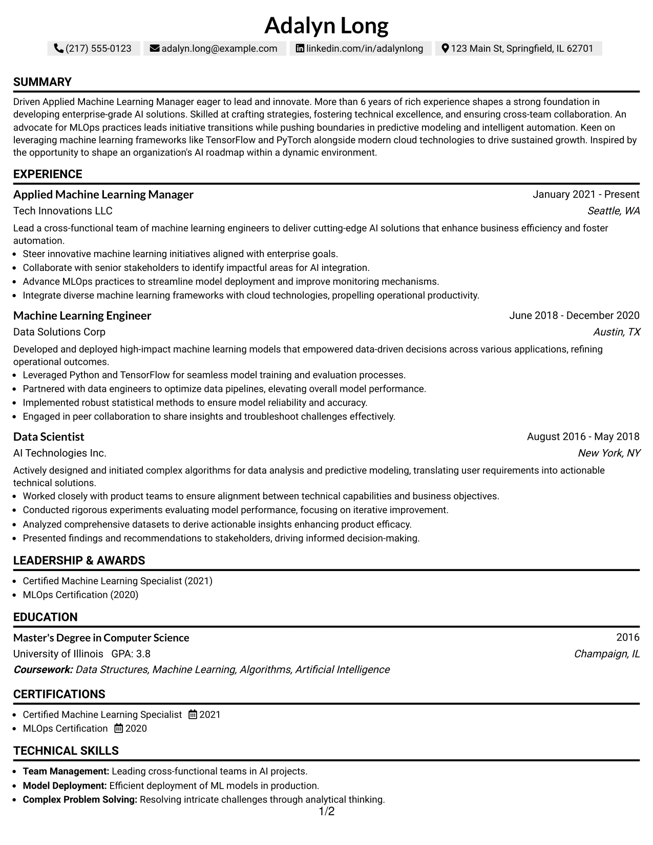 Resume Example Page 1