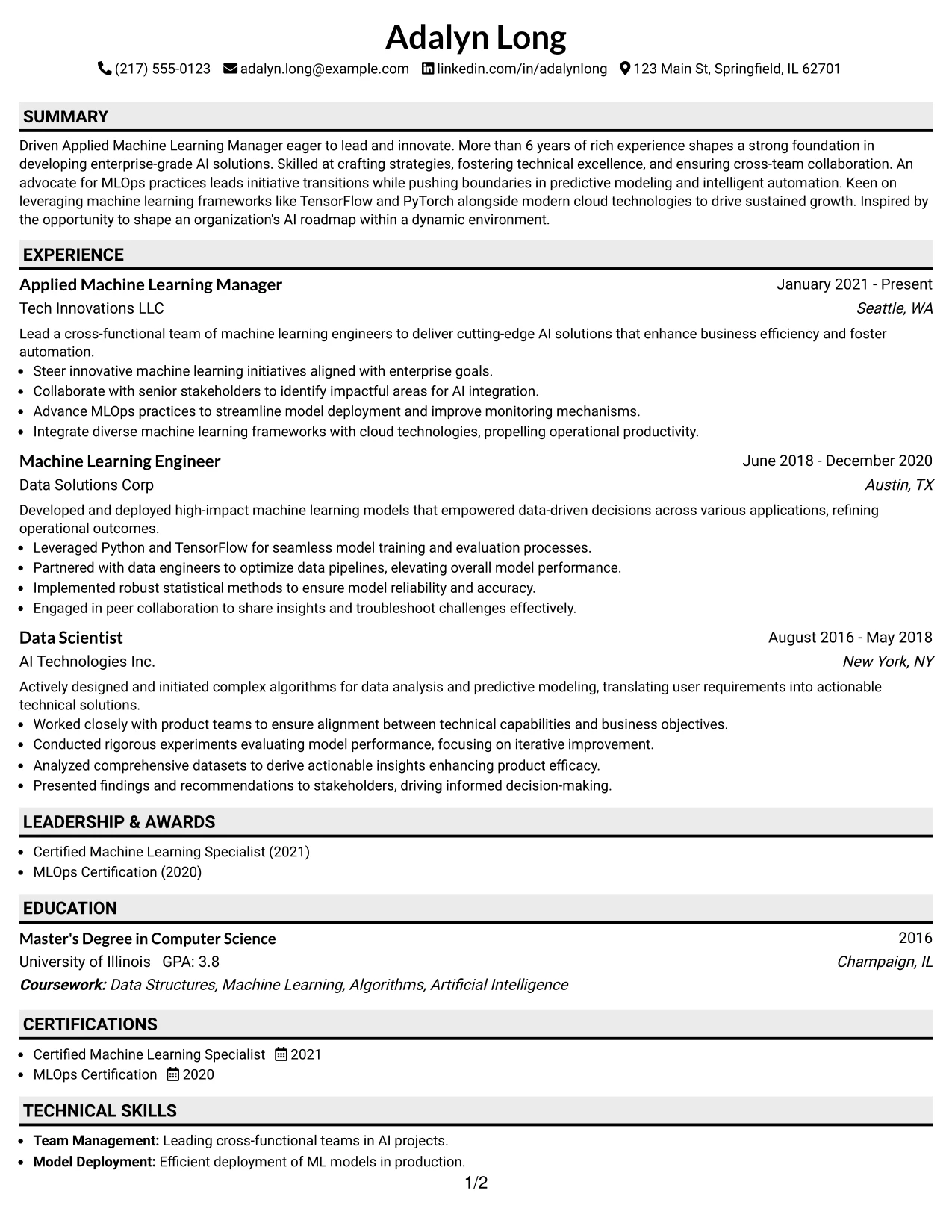 Resume Example Page 1