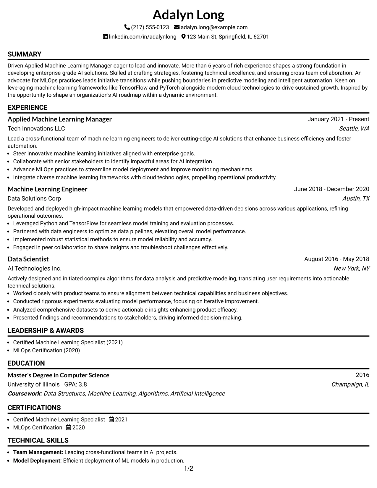 Resume Example Page 1